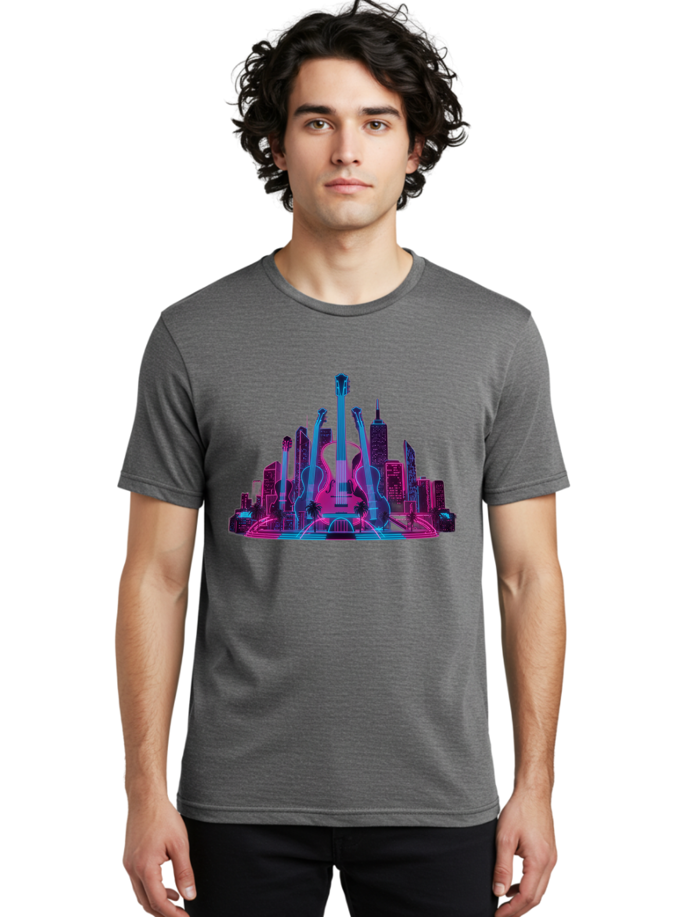 Guitars-Cityscape Men'S Graphic Tee, 100% Cotton, Comfortable Casual Summer Wear, Machine Washable, Guitars, City Skyline, Neon Lights, Futuristic Cityscape, Urban Landscape, Music Scene, Vibrant Colors, Electric Guitars Baa776