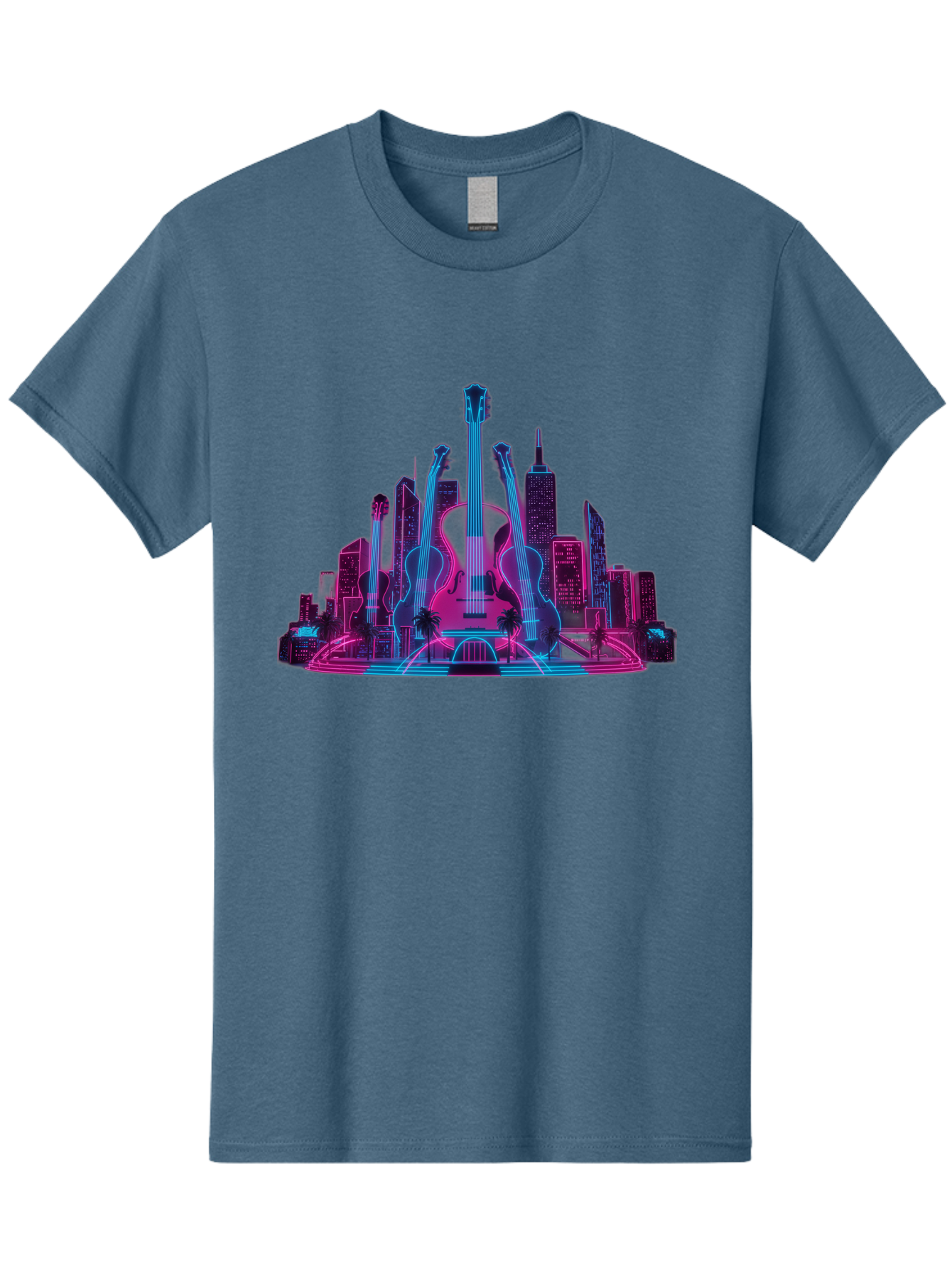 Guitars-Cityscape Men'S Graphic Tee, 100% Cotton, Comfortable Casual Summer Wear, Machine Washable, Guitars, City Skyline, Neon Lights, Futuristic Cityscape, Urban Landscape, Music Scene, Vibrant Colors, Electric Guitars Baa776