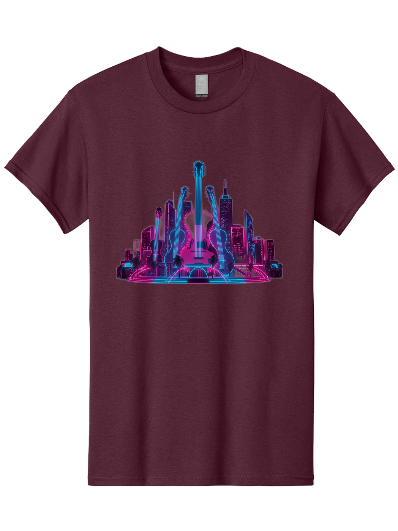 Guitars-Cityscape Men'S Graphic Tee, 100% Cotton, Comfortable Casual Summer Wear, Machine Washable, Guitars, City Skyline, Neon Lights, Futuristic Cityscape, Urban Landscape, Music Scene, Vibrant Colors, Electric Guitars Baa776