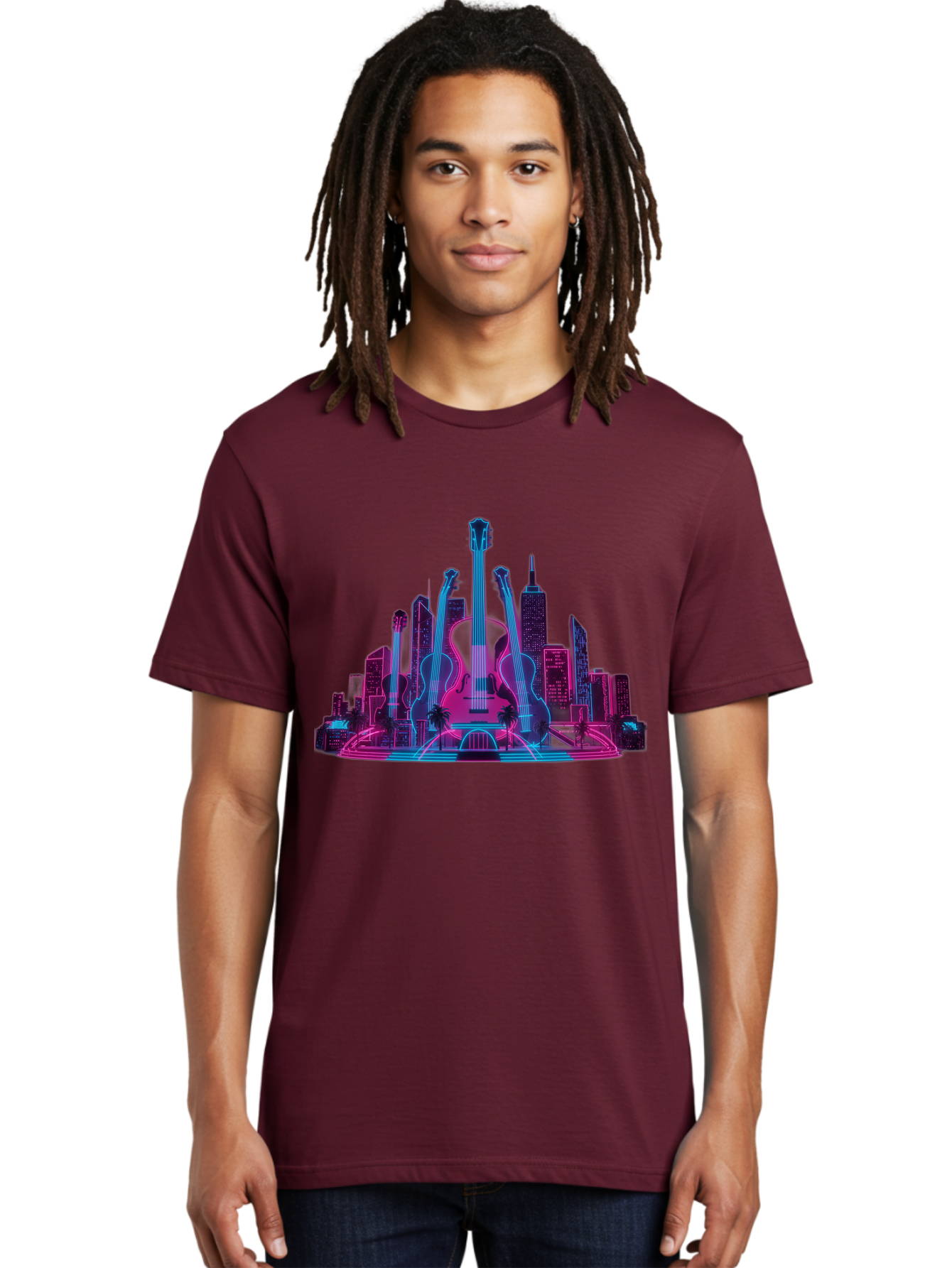 Guitars-Cityscape Men'S Graphic Tee, 100% Cotton, Comfortable Casual Summer Wear, Machine Washable, Guitars, City Skyline, Neon Lights, Futuristic Cityscape, Urban Landscape, Music Scene, Vibrant Colors, Electric Guitars Baa776