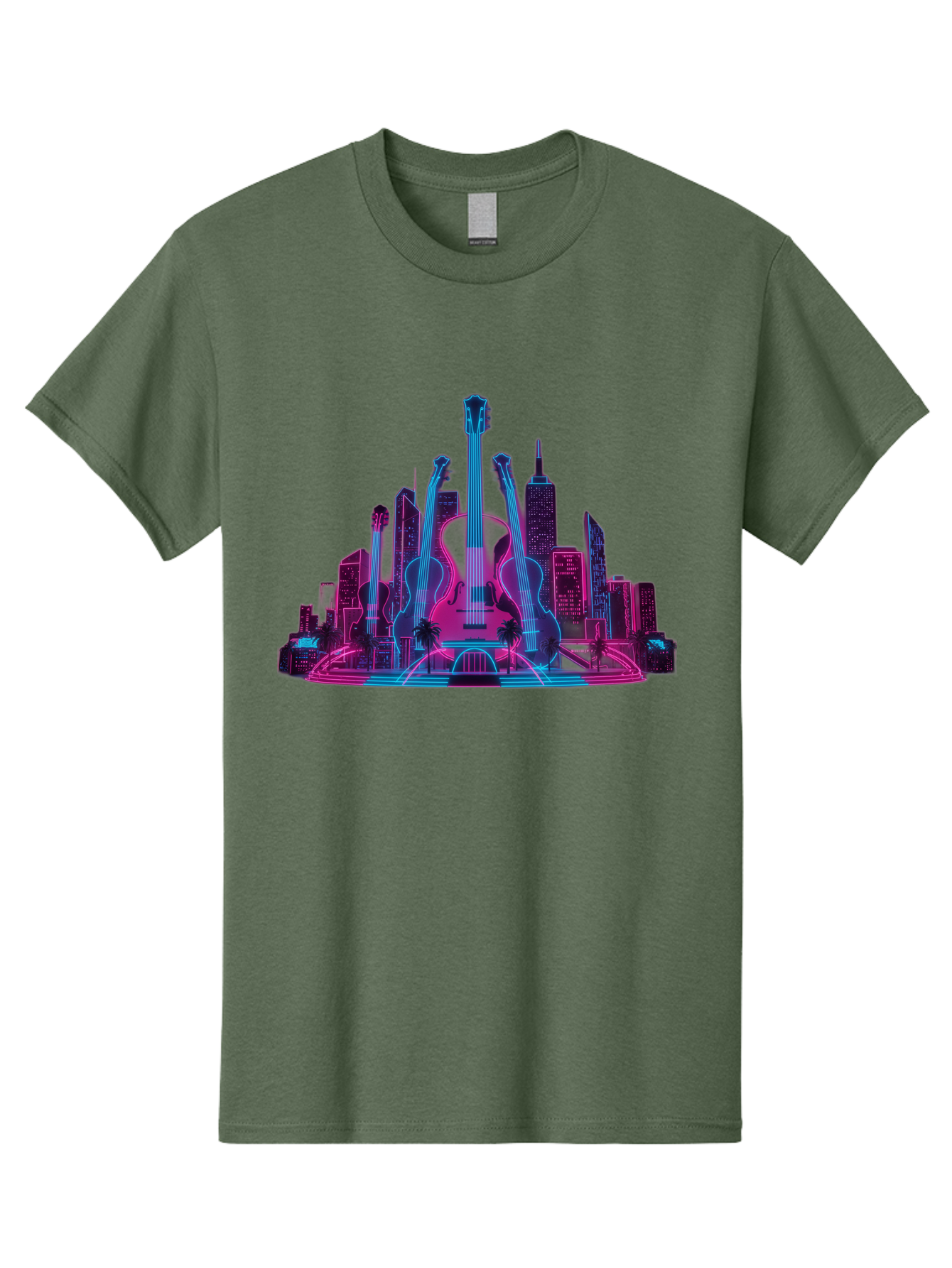 Guitars-Cityscape Men'S Graphic Tee, 100% Cotton, Comfortable Casual Summer Wear, Machine Washable, Guitars, City Skyline, Neon Lights, Futuristic Cityscape, Urban Landscape, Music Scene, Vibrant Colors, Electric Guitars Baa776