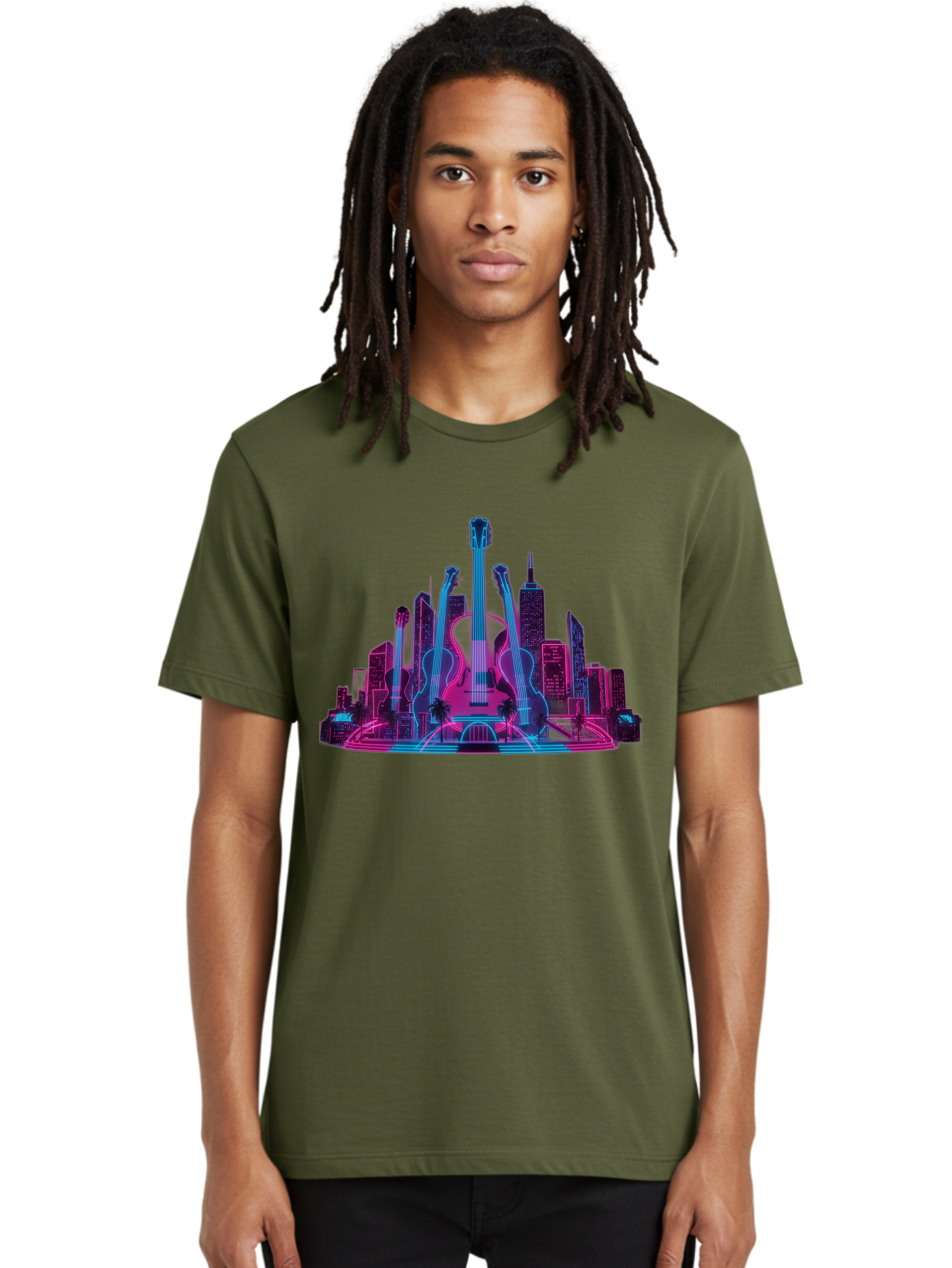 Guitars-Cityscape Men'S Graphic Tee, 100% Cotton, Comfortable Casual Summer Wear, Machine Washable, Guitars, City Skyline, Neon Lights, Futuristic Cityscape, Urban Landscape, Music Scene, Vibrant Colors, Electric Guitars Baa776