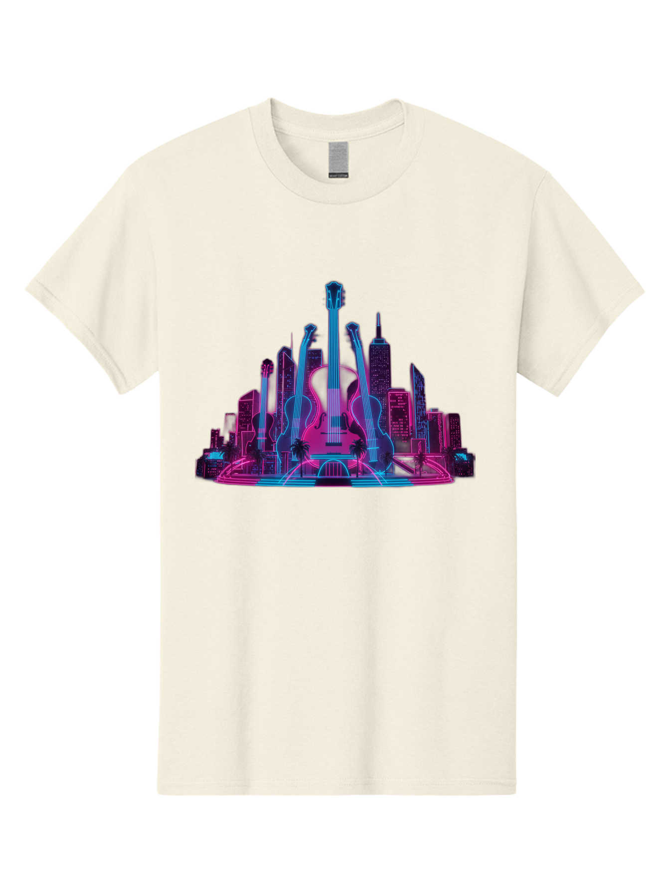 Guitars-Cityscape Men'S Graphic Tee, 100% Cotton, Comfortable Casual Summer Wear, Machine Washable, Guitars, City Skyline, Neon Lights, Futuristic Cityscape, Urban Landscape, Music Scene, Vibrant Colors, Electric Guitars Baa776