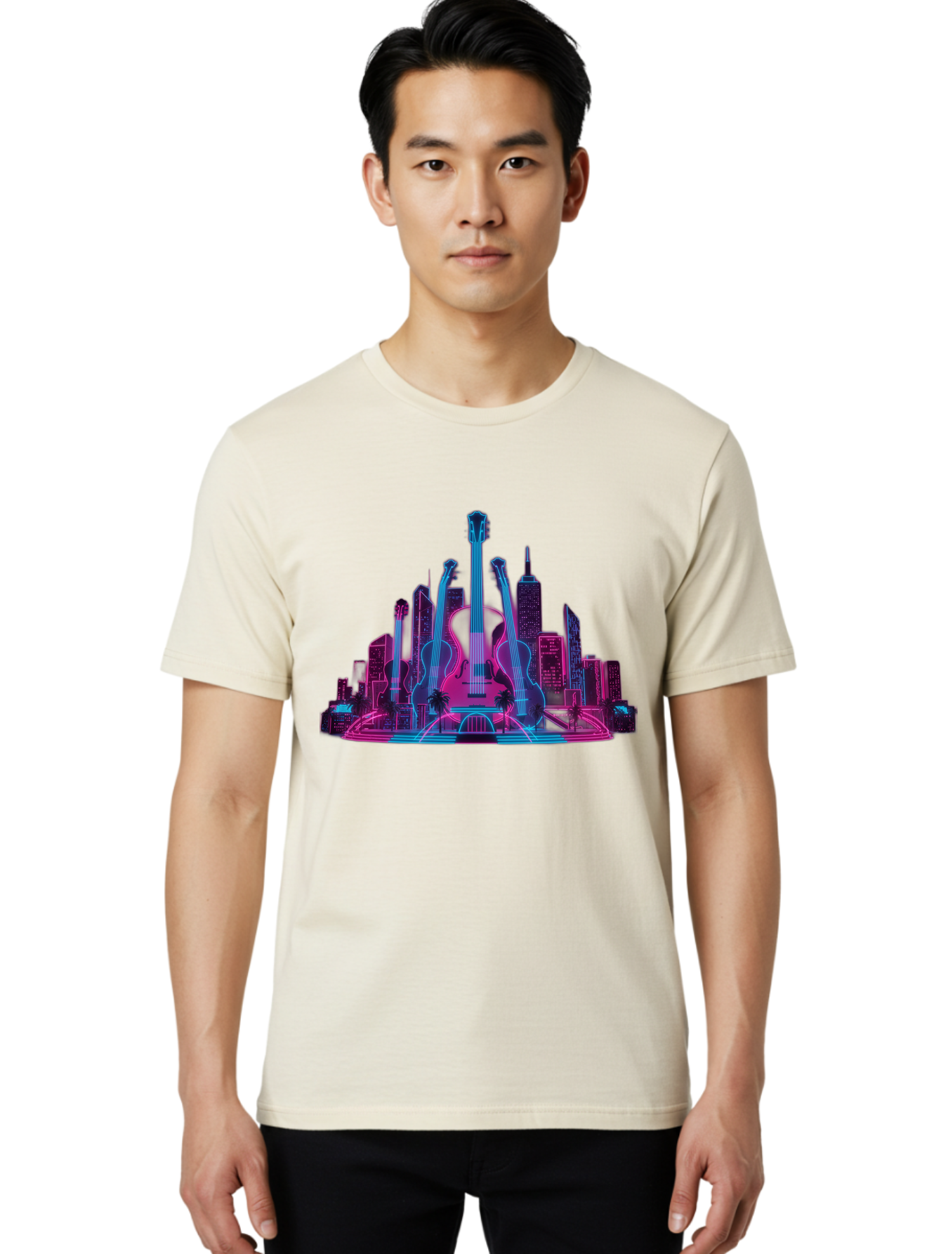 Guitars-Cityscape Men'S Graphic Tee, 100% Cotton, Comfortable Casual Summer Wear, Machine Washable, Guitars, City Skyline, Neon Lights, Futuristic Cityscape, Urban Landscape, Music Scene, Vibrant Colors, Electric Guitars Baa776
