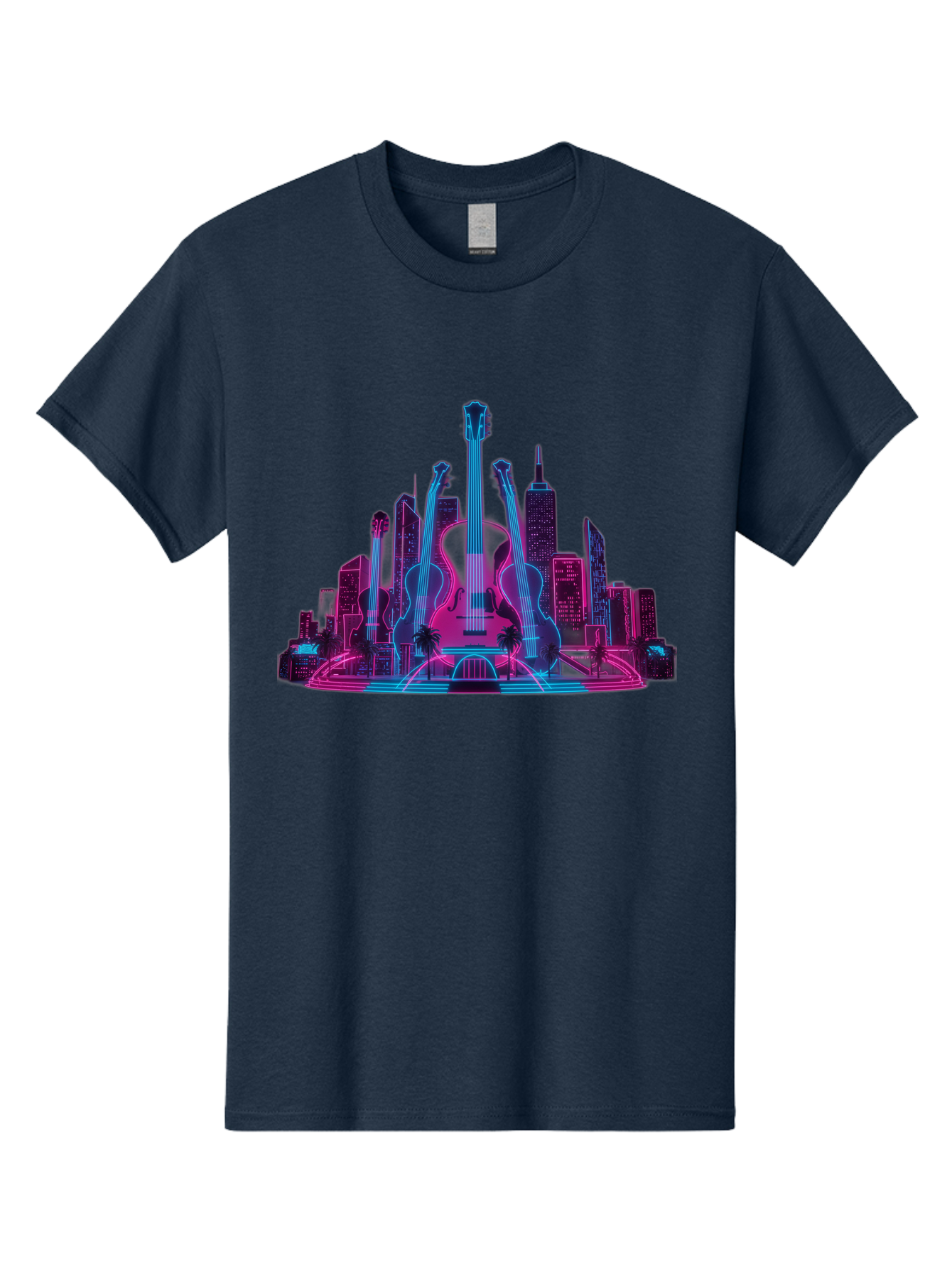 Guitars-Cityscape Men'S Graphic Tee, 100% Cotton, Comfortable Casual Summer Wear, Machine Washable, Guitars, City Skyline, Neon Lights, Futuristic Cityscape, Urban Landscape, Music Scene, Vibrant Colors, Electric Guitars Baa776