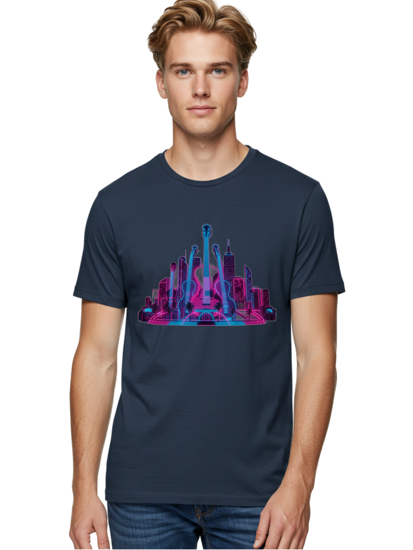 Guitars-Cityscape Men'S Graphic Tee, 100% Cotton, Comfortable Casual Summer Wear, Machine Washable, Guitars, City Skyline, Neon Lights, Futuristic Cityscape, Urban Landscape, Music Scene, Vibrant Colors, Electric Guitars Baa776