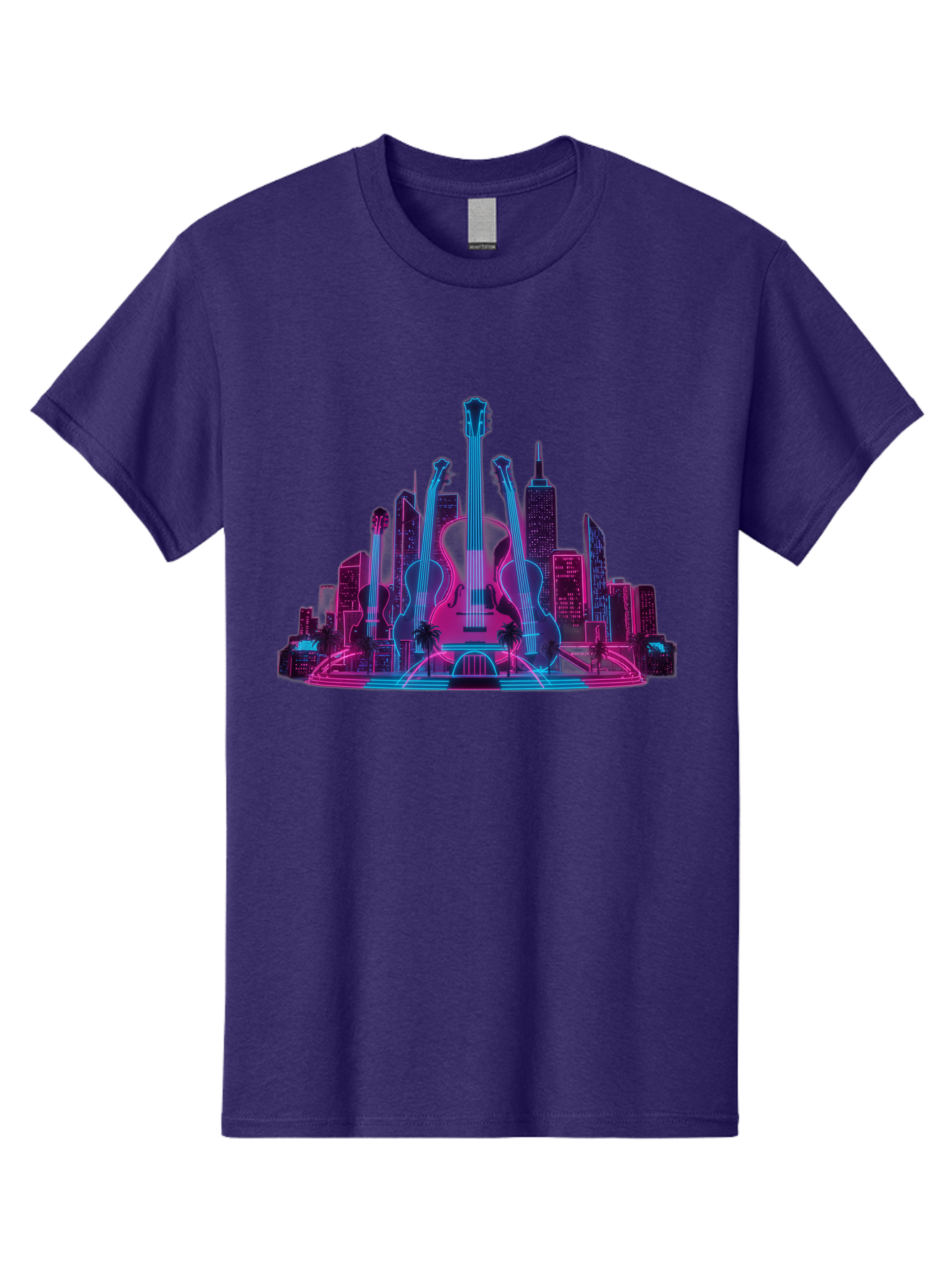 Guitars-Cityscape Men'S Graphic Tee, 100% Cotton, Comfortable Casual Summer Wear, Machine Washable, Guitars, City Skyline, Neon Lights, Futuristic Cityscape, Urban Landscape, Music Scene, Vibrant Colors, Electric Guitars Baa776