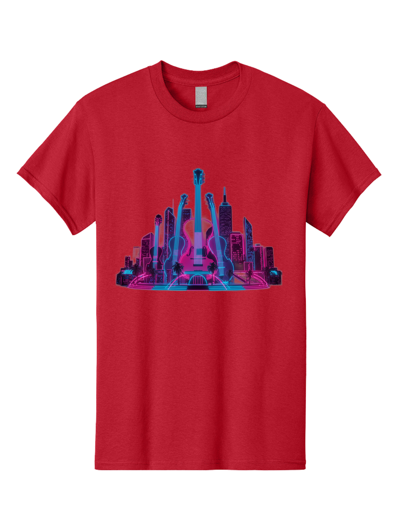 Guitars-Cityscape Men'S Graphic Tee, 100% Cotton, Comfortable Casual Summer Wear, Machine Washable, Guitars, City Skyline, Neon Lights, Futuristic Cityscape, Urban Landscape, Music Scene, Vibrant Colors, Electric Guitars Baa776