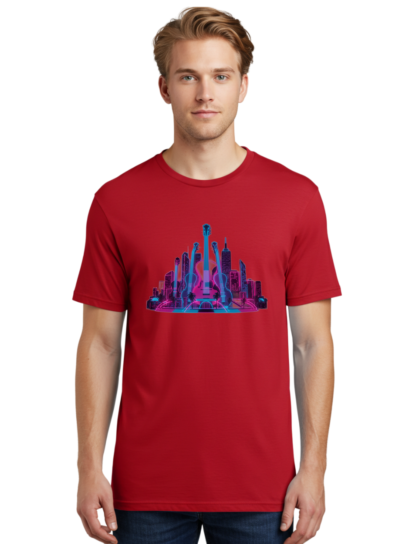Guitars-Cityscape Men'S Graphic Tee, 100% Cotton, Comfortable Casual Summer Wear, Machine Washable, Guitars, City Skyline, Neon Lights, Futuristic Cityscape, Urban Landscape, Music Scene, Vibrant Colors, Electric Guitars Baa776