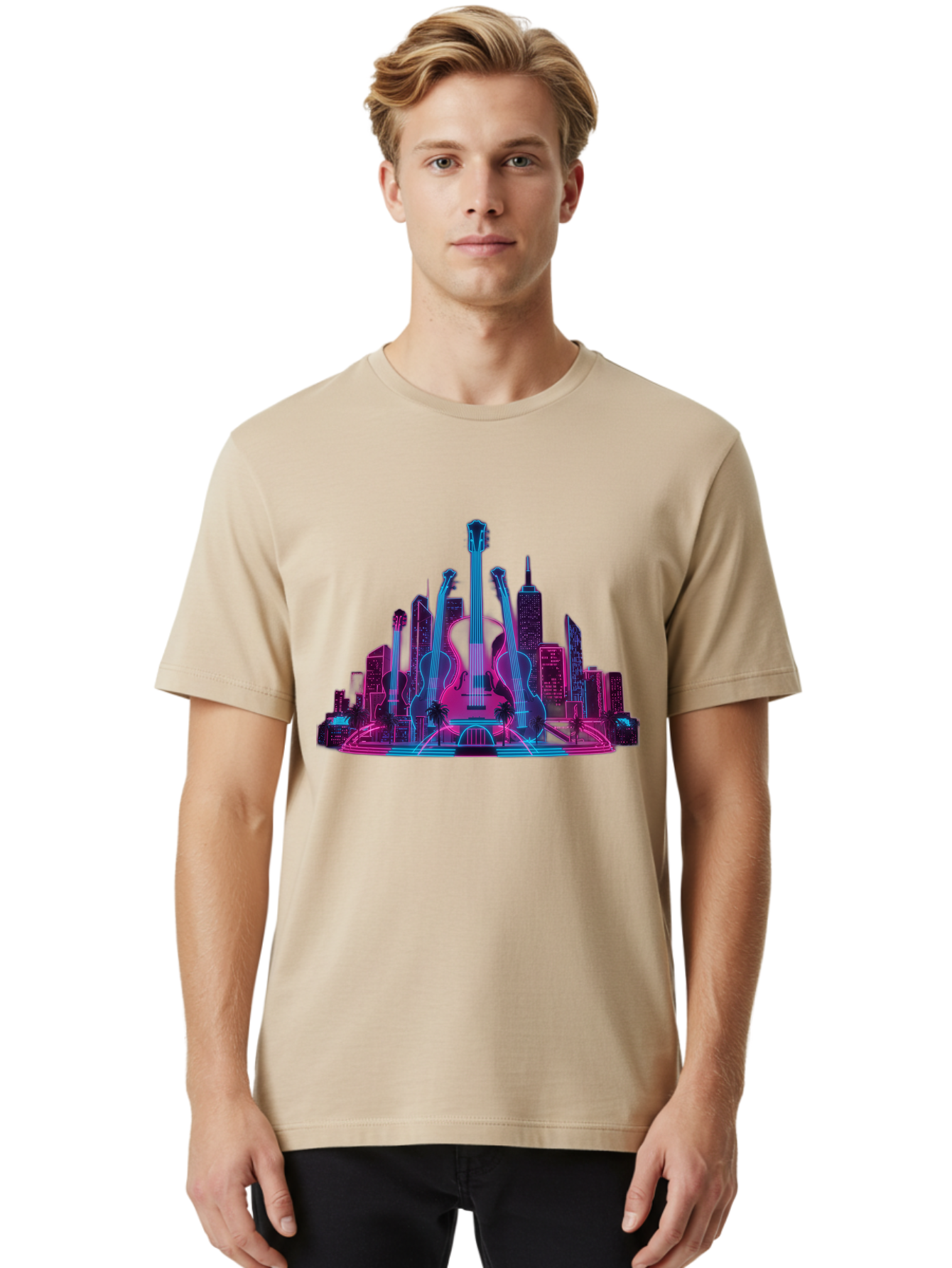 Guitars-Cityscape Men'S Graphic Tee, 100% Cotton, Comfortable Casual Summer Wear, Machine Washable, Guitars, City Skyline, Neon Lights, Futuristic Cityscape, Urban Landscape, Music Scene, Vibrant Colors, Electric Guitars Baa776