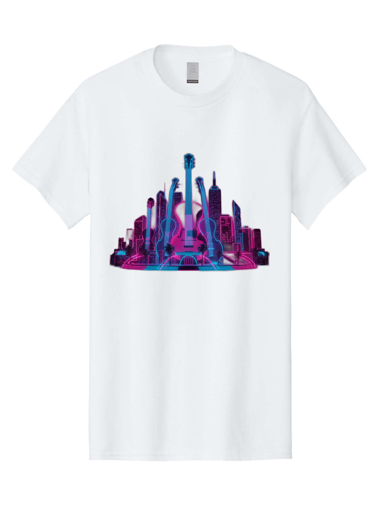 Guitars-Cityscape Men'S Graphic Tee, 100% Cotton, Comfortable Casual Summer Wear, Machine Washable, Guitars, City Skyline, Neon Lights, Futuristic Cityscape, Urban Landscape, Music Scene, Vibrant Colors, Electric Guitars Baa776