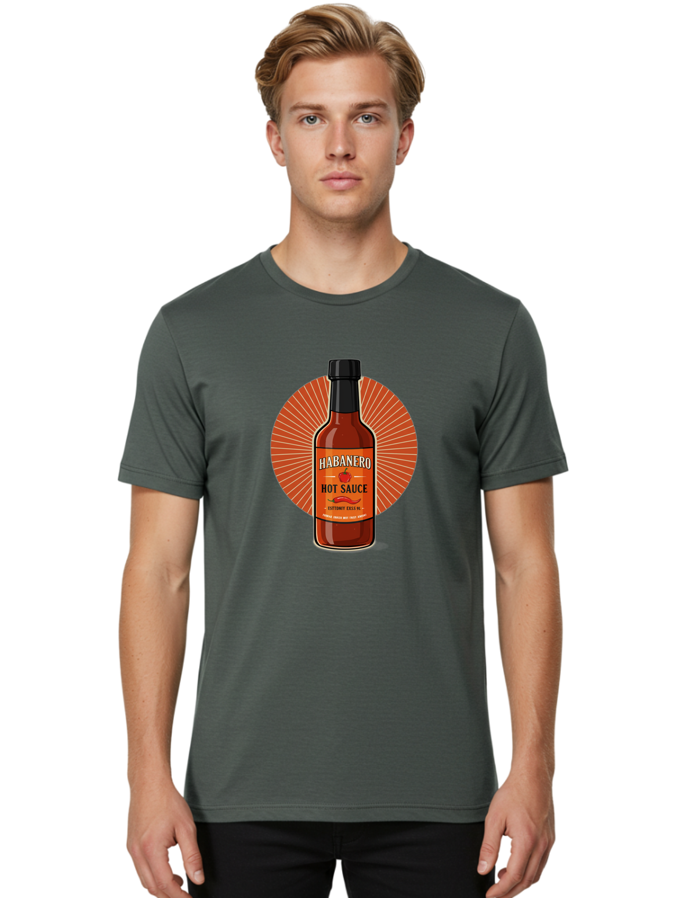 Habanero-Hot-Sauce Men'S Graphic Tee, 100% Cotton, Comfortable Casual Summer Wear, Machine Washable, Habanero Peppers, Hot Sauce Bottle, Spicy Condiment, Fiery Flavor, Condiment Packaging, Habanero Sauce, Hot Sauce Label, Chili Pepper, Baa778
