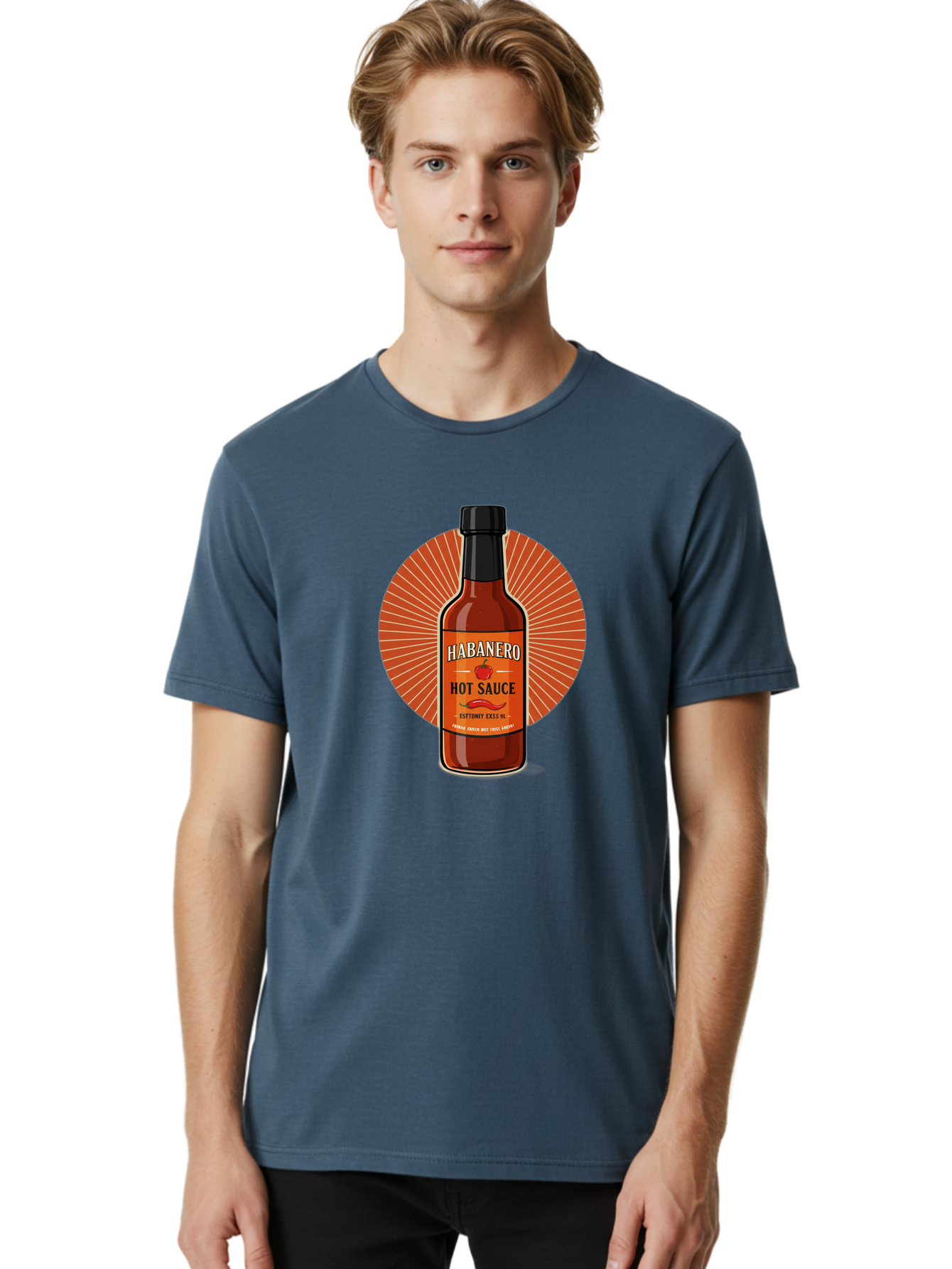 Habanero-Hot-Sauce Men'S Graphic Tee, 100% Cotton, Comfortable Casual Summer Wear, Machine Washable, Habanero Peppers, Hot Sauce Bottle, Spicy Condiment, Fiery Flavor, Condiment Packaging, Habanero Sauce, Hot Sauce Label, Chili Pepper, Baa778