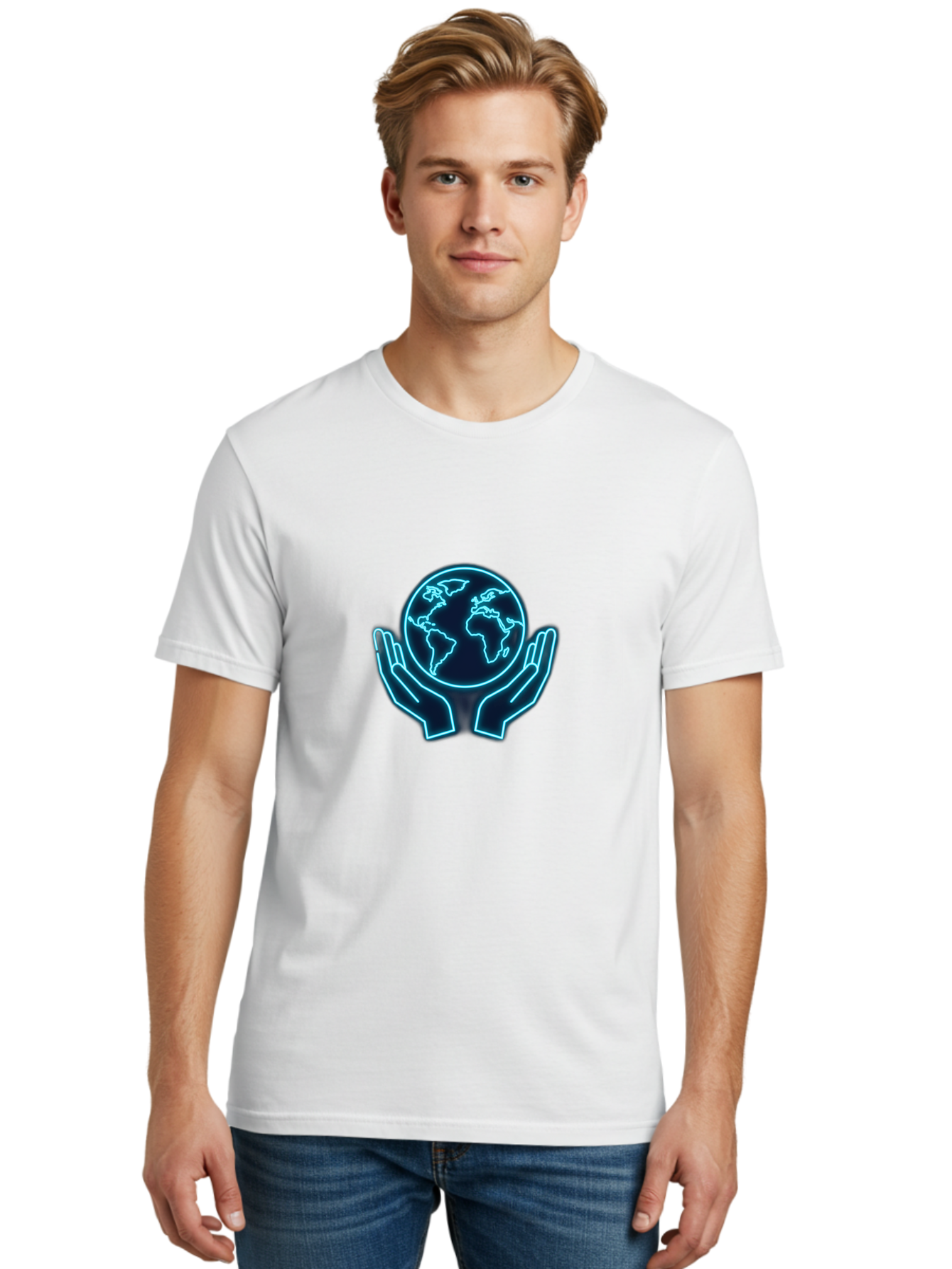 Hands-Holding-Earth Men'S Graphic Tee, 100% Cotton, Comfortable Casual Summer Wear, Machine Washable, Globe Held By Hands, Earth Conservation, Protection, Care For The Planet, Sustainability, Eco-Friendly, Environmental Protection, Baa779