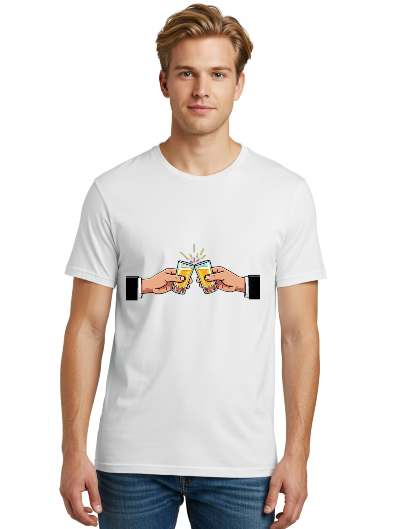 Hands-Toasting Men'S Graphic Tee, 100% Cotton, Comfortable Casual Summer Wear, Machine Washable, Clinking Glasses, Beer Toast, Celebratory Drinks, Social Gathering, Friendship Bonding, Festive Atmosphere Baa780