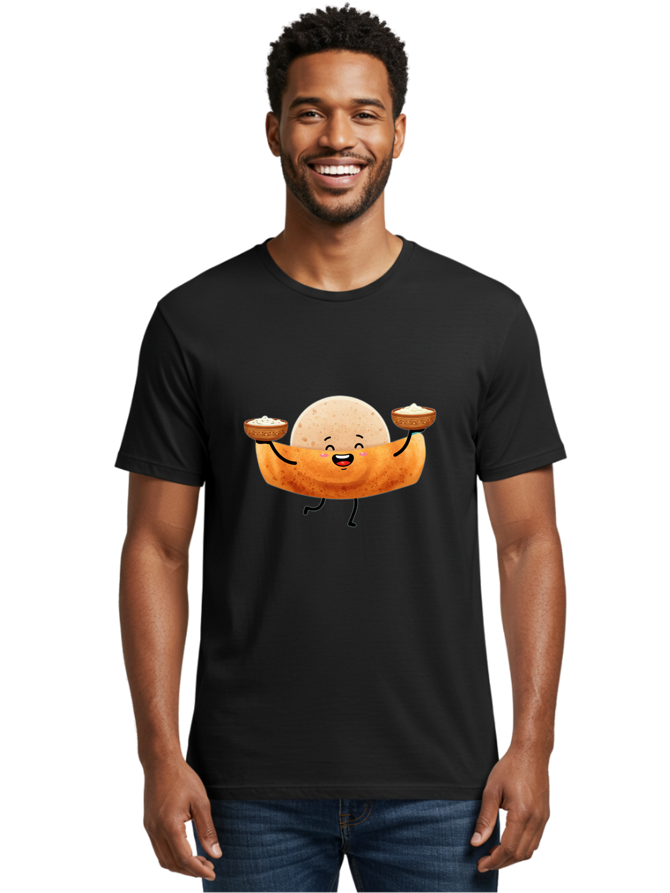 Happy-Dosa-Character Men'S Graphic Tee, 100% Cotton, Comfortable Casual Summer Wear, Machine Washable, Cartoon Taco Character, Mexican Food, Traditional Dishes, Salsa And Dips, Happy Face, Playful, Fiesta, Festive, Vibrant, Delicious Baa782