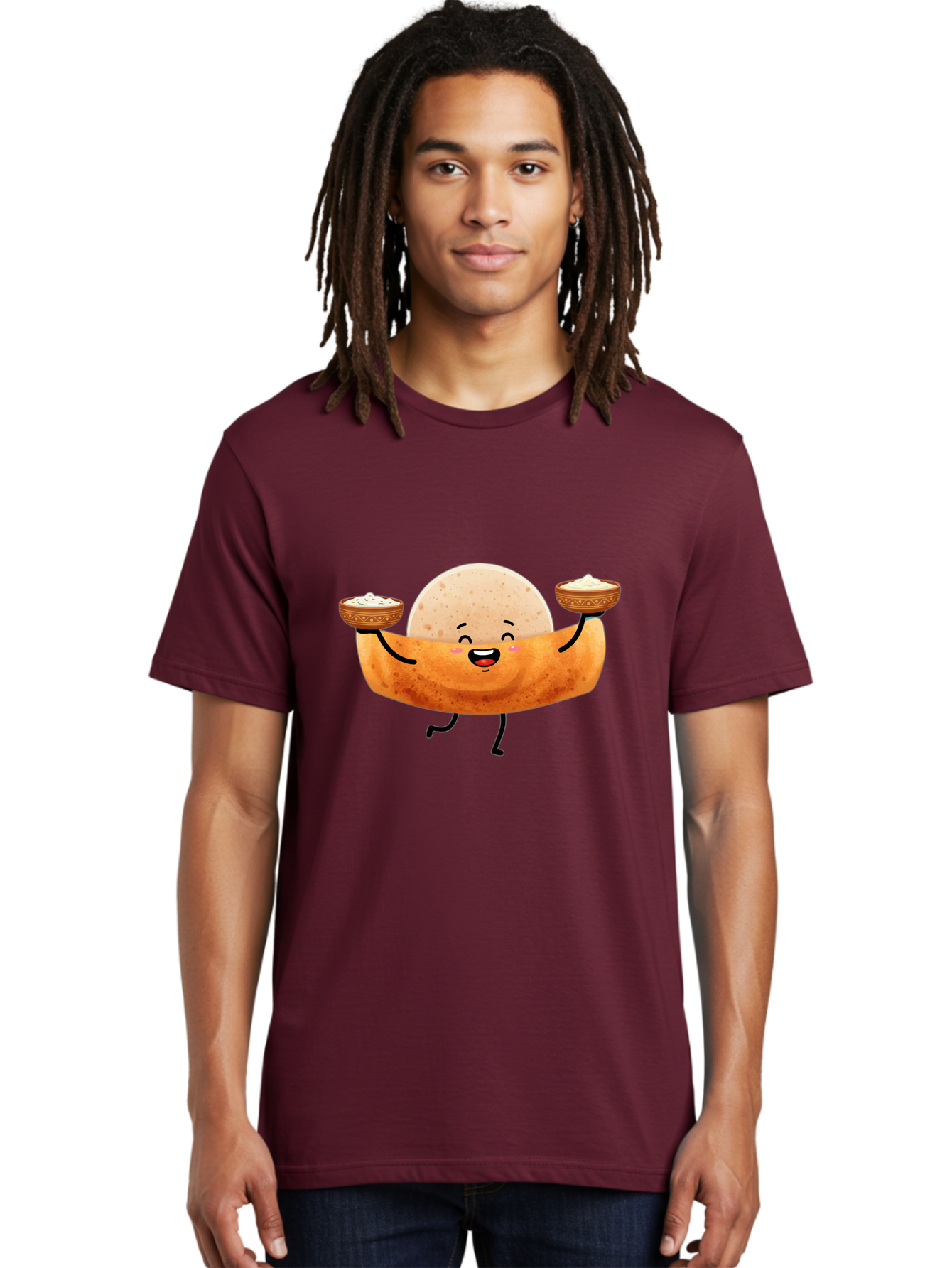 Happy-Dosa-Character Men'S Graphic Tee, 100% Cotton, Comfortable Casual Summer Wear, Machine Washable, Cartoon Taco Character, Mexican Food, Traditional Dishes, Salsa And Dips, Happy Face, Playful, Fiesta, Festive, Vibrant, Delicious Baa782