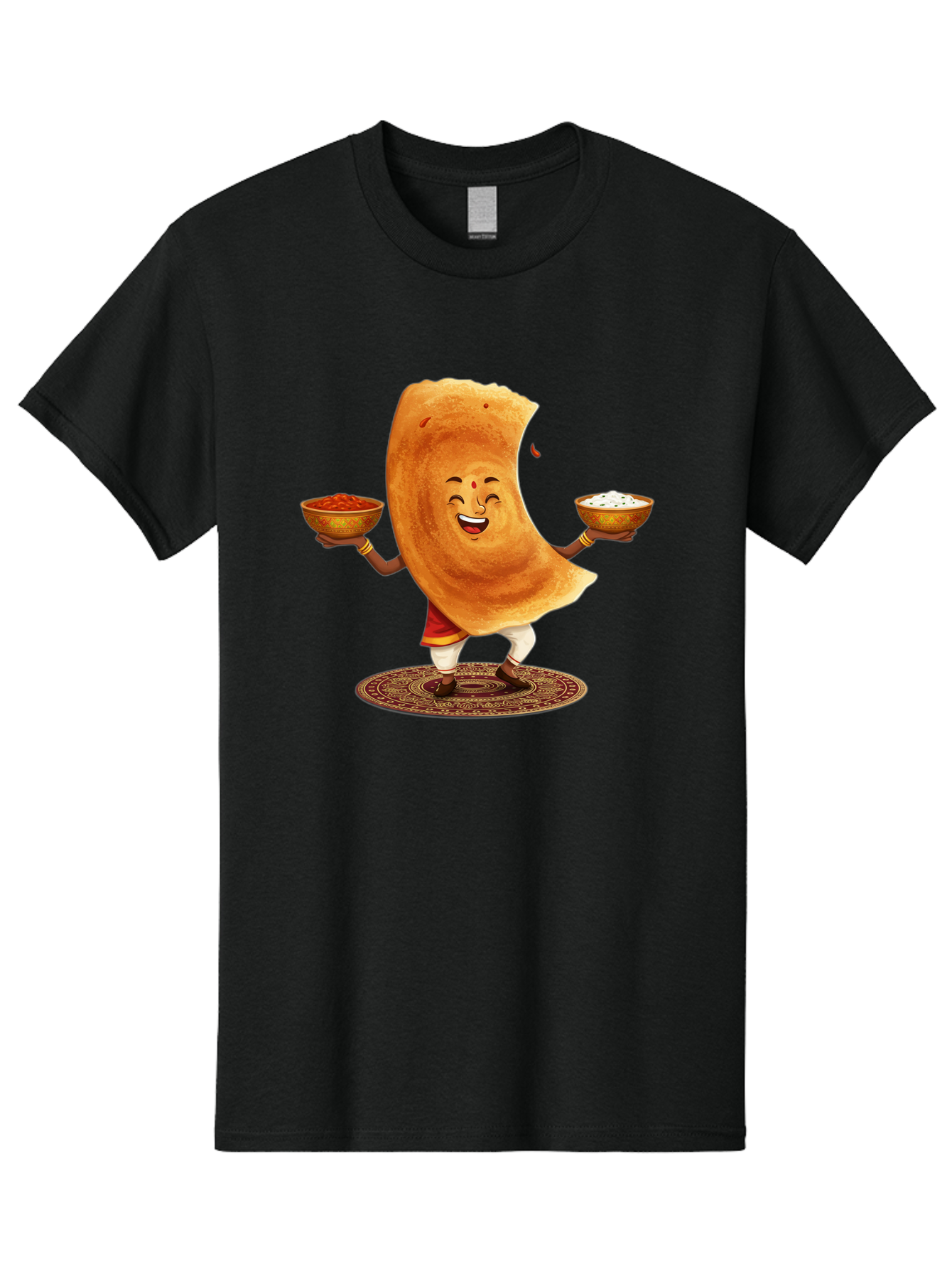 Happy-Dosa-With-Chutney Men'S Graphic Tee, 100% Cotton, Comfortable Casual Summer Wear, Machine Washable, Cartoon Roti Character, Indian Flatbread, Traditional Attire, Curry, Rice Bowls, Happy Expression, Cultural Representation, Baa783