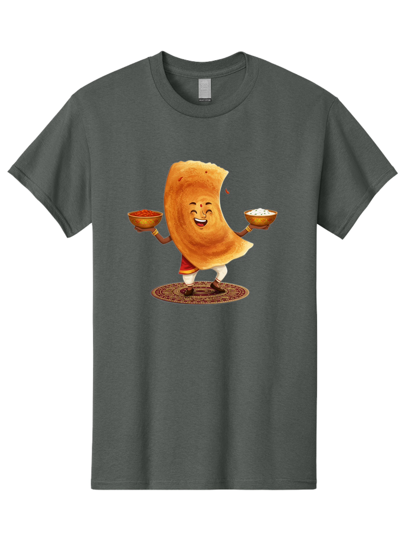 Happy-Dosa-With-Chutney Men'S Graphic Tee, 100% Cotton, Comfortable Casual Summer Wear, Machine Washable, Cartoon Roti Character, Indian Flatbread, Traditional Attire, Curry, Rice Bowls, Happy Expression, Cultural Representation, Baa783