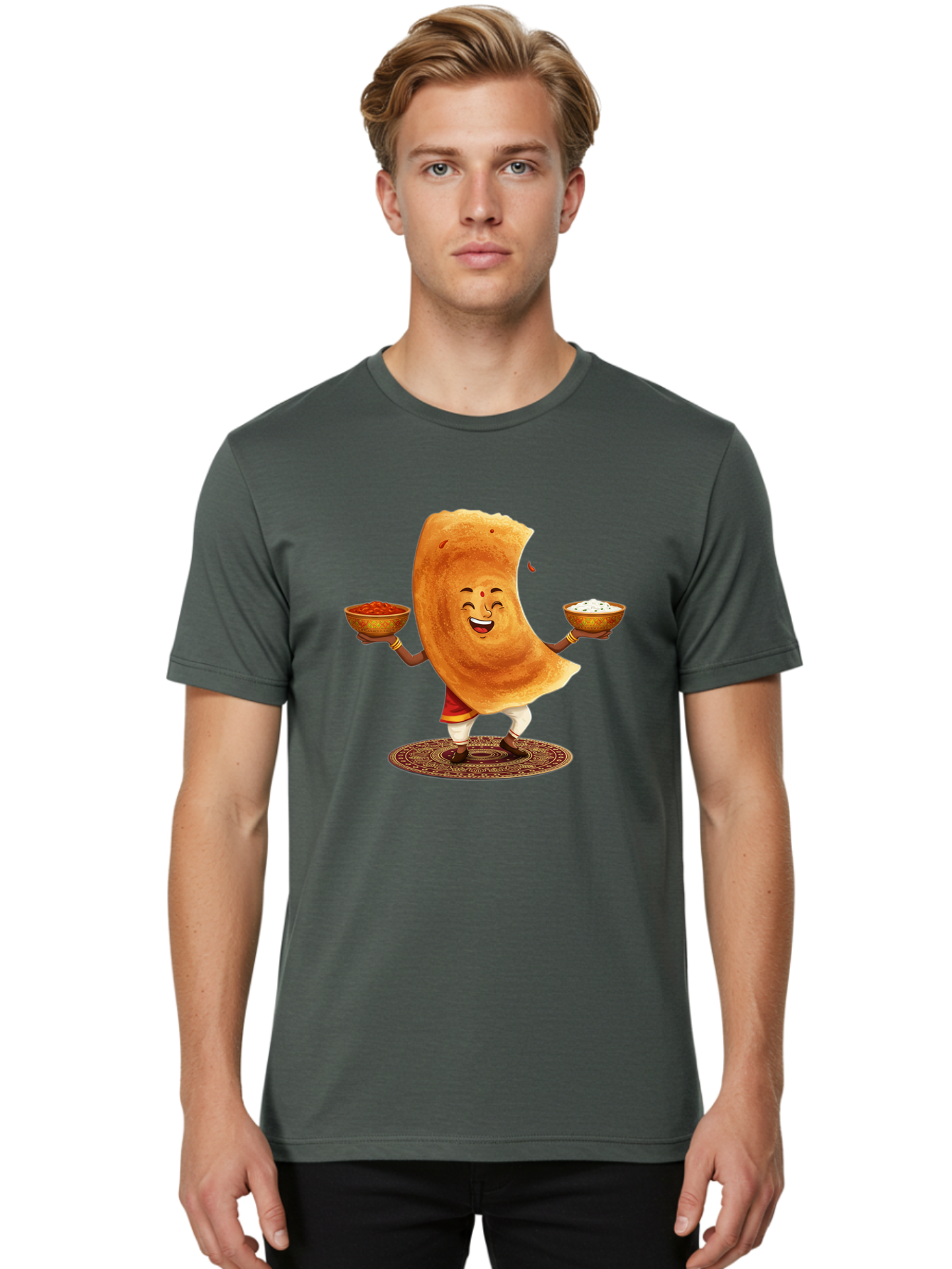 Happy-Dosa-With-Chutney Men'S Graphic Tee, 100% Cotton, Comfortable Casual Summer Wear, Machine Washable, Cartoon Roti Character, Indian Flatbread, Traditional Attire, Curry, Rice Bowls, Happy Expression, Cultural Representation, Baa783