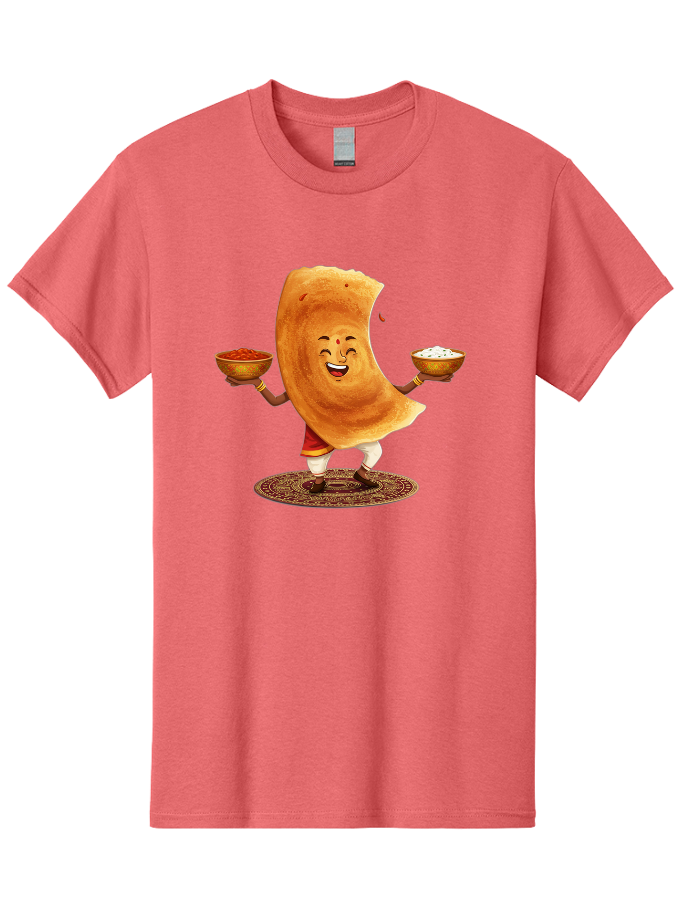Happy-Dosa-With-Chutney Men'S Graphic Tee, 100% Cotton, Comfortable Casual Summer Wear, Machine Washable, Cartoon Roti Character, Indian Flatbread, Traditional Attire, Curry, Rice Bowls, Happy Expression, Cultural Representation, Baa783
