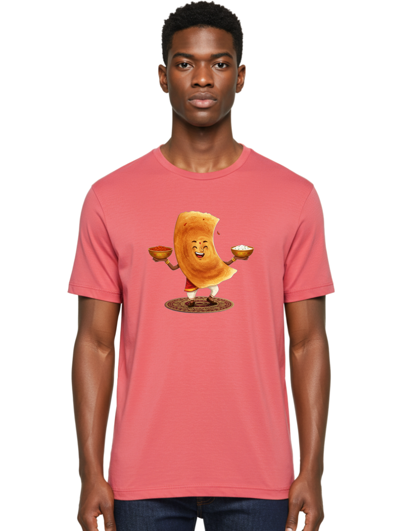 Happy-Dosa-With-Chutney Men'S Graphic Tee, 100% Cotton, Comfortable Casual Summer Wear, Machine Washable, Cartoon Roti Character, Indian Flatbread, Traditional Attire, Curry, Rice Bowls, Happy Expression, Cultural Representation, Baa783