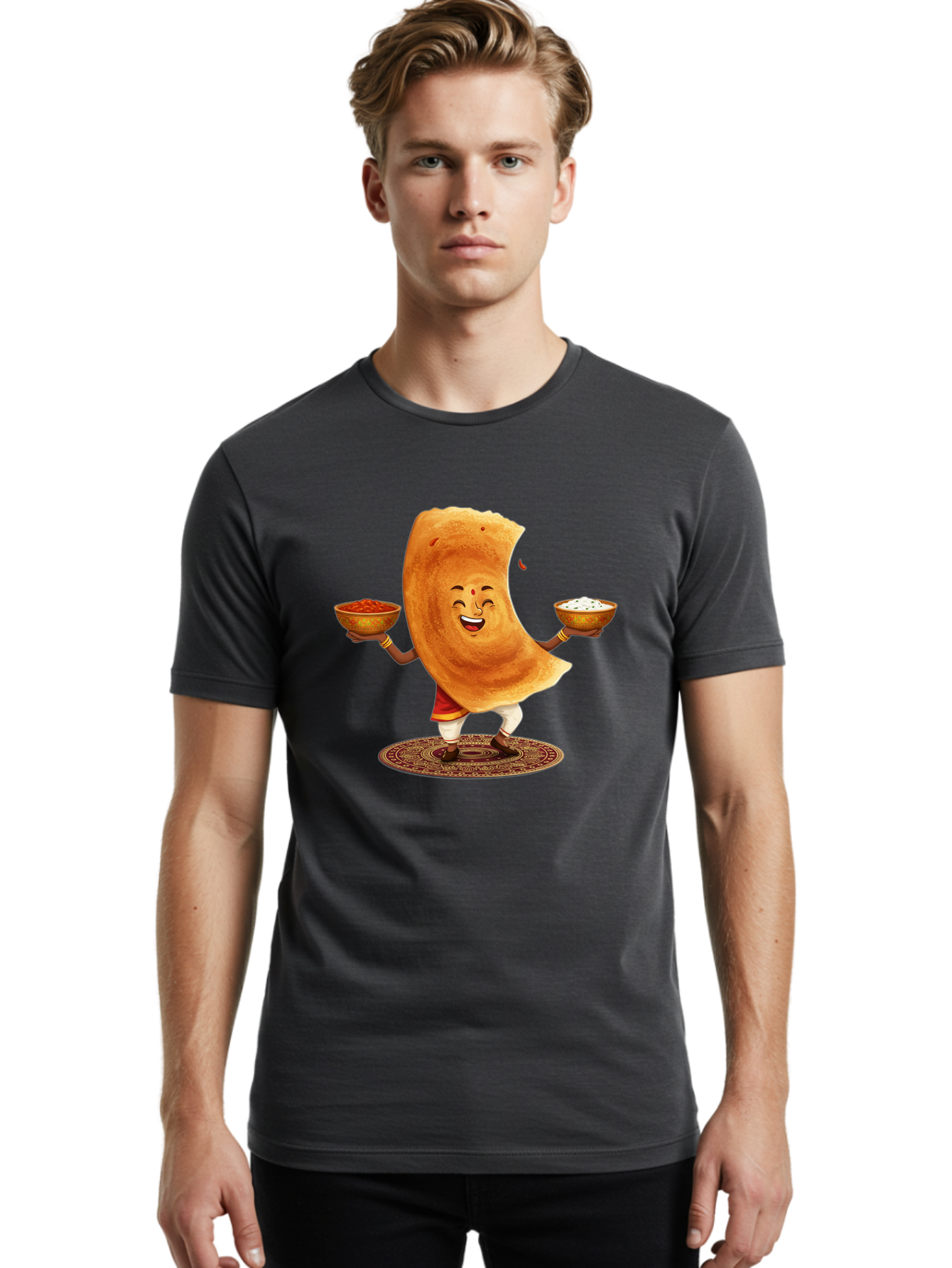 Happy-Dosa-With-Chutney Men'S Graphic Tee, 100% Cotton, Comfortable Casual Summer Wear, Machine Washable, Cartoon Roti Character, Indian Flatbread, Traditional Attire, Curry, Rice Bowls, Happy Expression, Cultural Representation, Baa783
