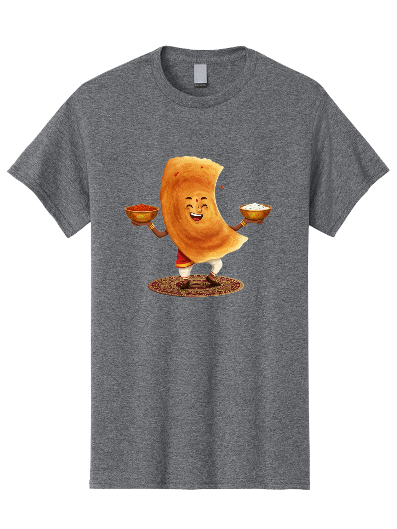 Happy-Dosa-With-Chutney Men'S Graphic Tee, 100% Cotton, Comfortable Casual Summer Wear, Machine Washable, Cartoon Roti Character, Indian Flatbread, Traditional Attire, Curry, Rice Bowls, Happy Expression, Cultural Representation, Baa783