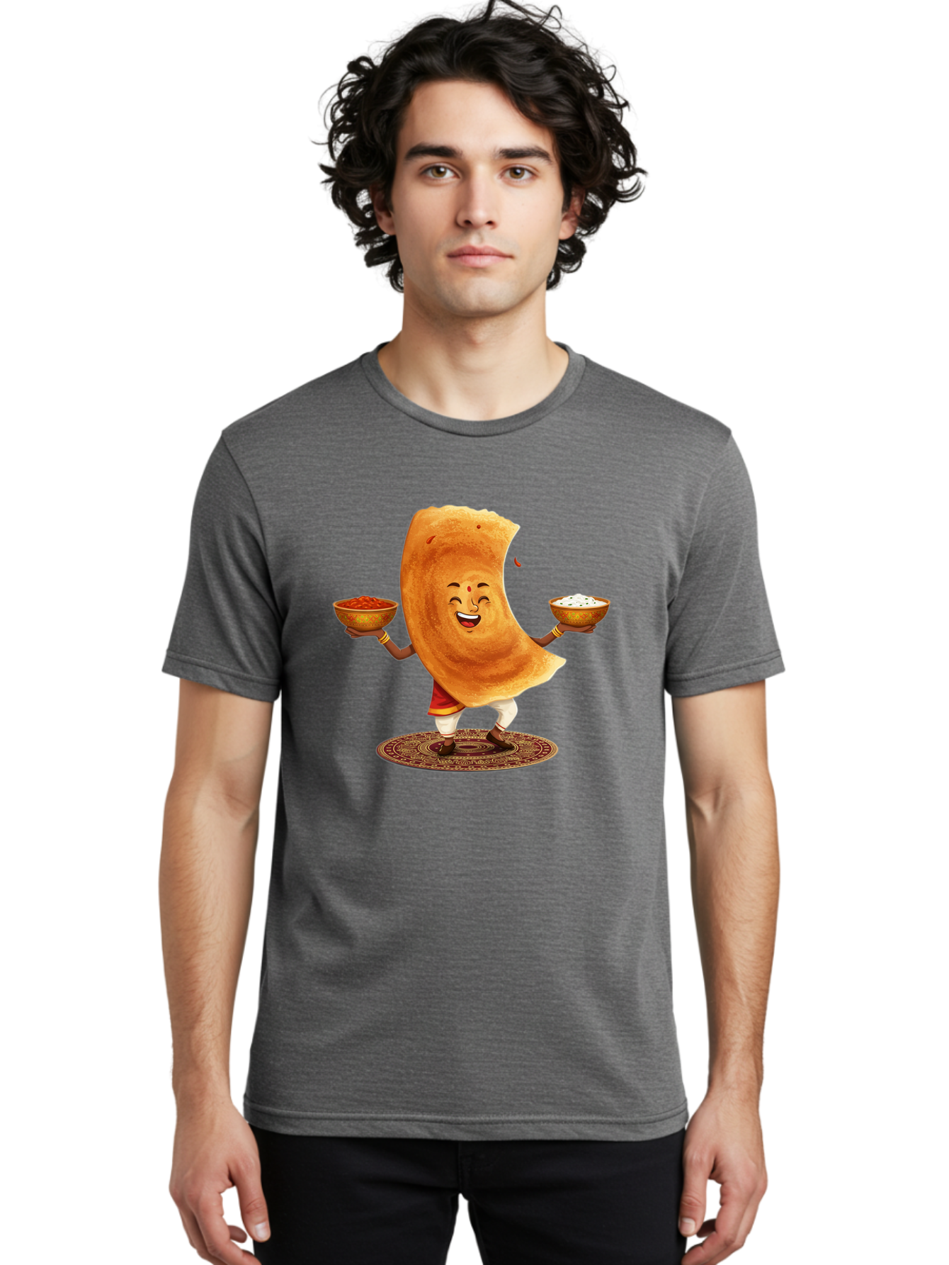 Happy-Dosa-With-Chutney Men'S Graphic Tee, 100% Cotton, Comfortable Casual Summer Wear, Machine Washable, Cartoon Roti Character, Indian Flatbread, Traditional Attire, Curry, Rice Bowls, Happy Expression, Cultural Representation, Baa783