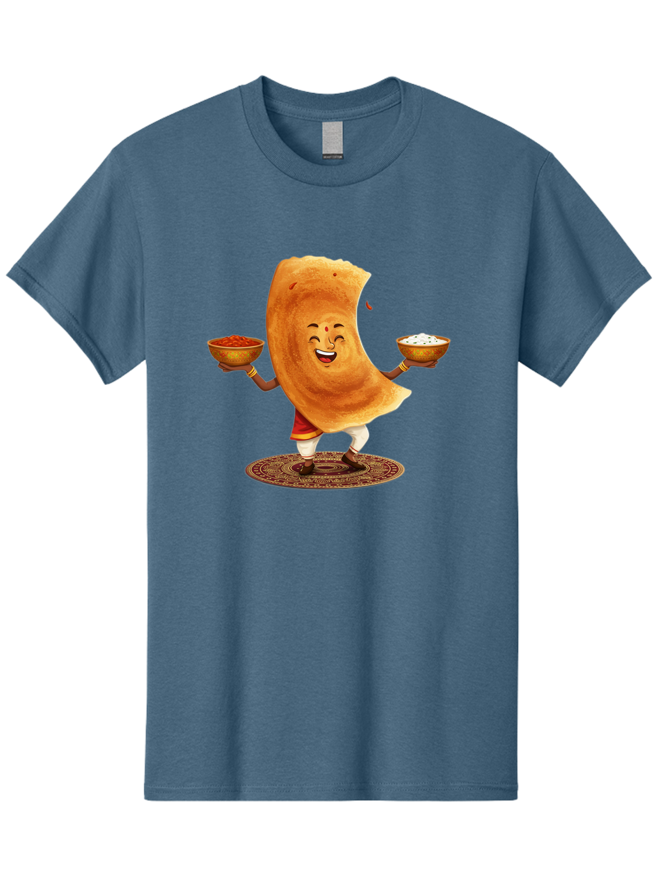 Happy-Dosa-With-Chutney Men'S Graphic Tee, 100% Cotton, Comfortable Casual Summer Wear, Machine Washable, Cartoon Roti Character, Indian Flatbread, Traditional Attire, Curry, Rice Bowls, Happy Expression, Cultural Representation, Baa783