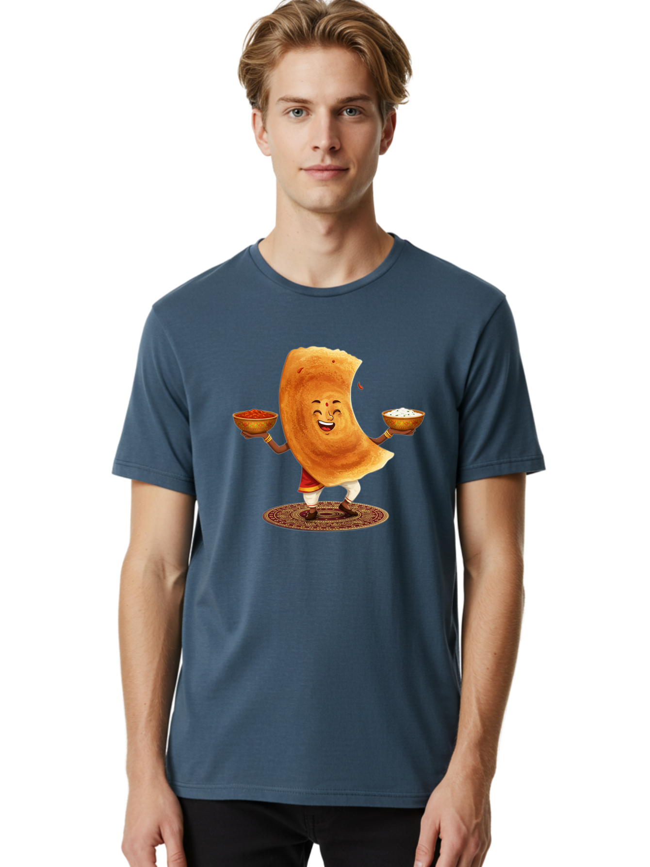 Happy-Dosa-With-Chutney Men'S Graphic Tee, 100% Cotton, Comfortable Casual Summer Wear, Machine Washable, Cartoon Roti Character, Indian Flatbread, Traditional Attire, Curry, Rice Bowls, Happy Expression, Cultural Representation, Baa783