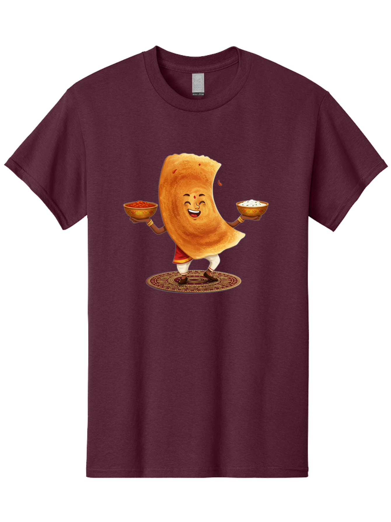 Happy-Dosa-With-Chutney Men'S Graphic Tee, 100% Cotton, Comfortable Casual Summer Wear, Machine Washable, Cartoon Roti Character, Indian Flatbread, Traditional Attire, Curry, Rice Bowls, Happy Expression, Cultural Representation, Baa783