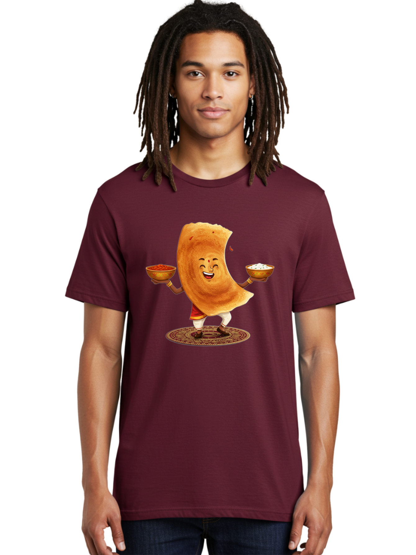 Happy-Dosa-With-Chutney Men'S Graphic Tee, 100% Cotton, Comfortable Casual Summer Wear, Machine Washable, Cartoon Roti Character, Indian Flatbread, Traditional Attire, Curry, Rice Bowls, Happy Expression, Cultural Representation, Baa783