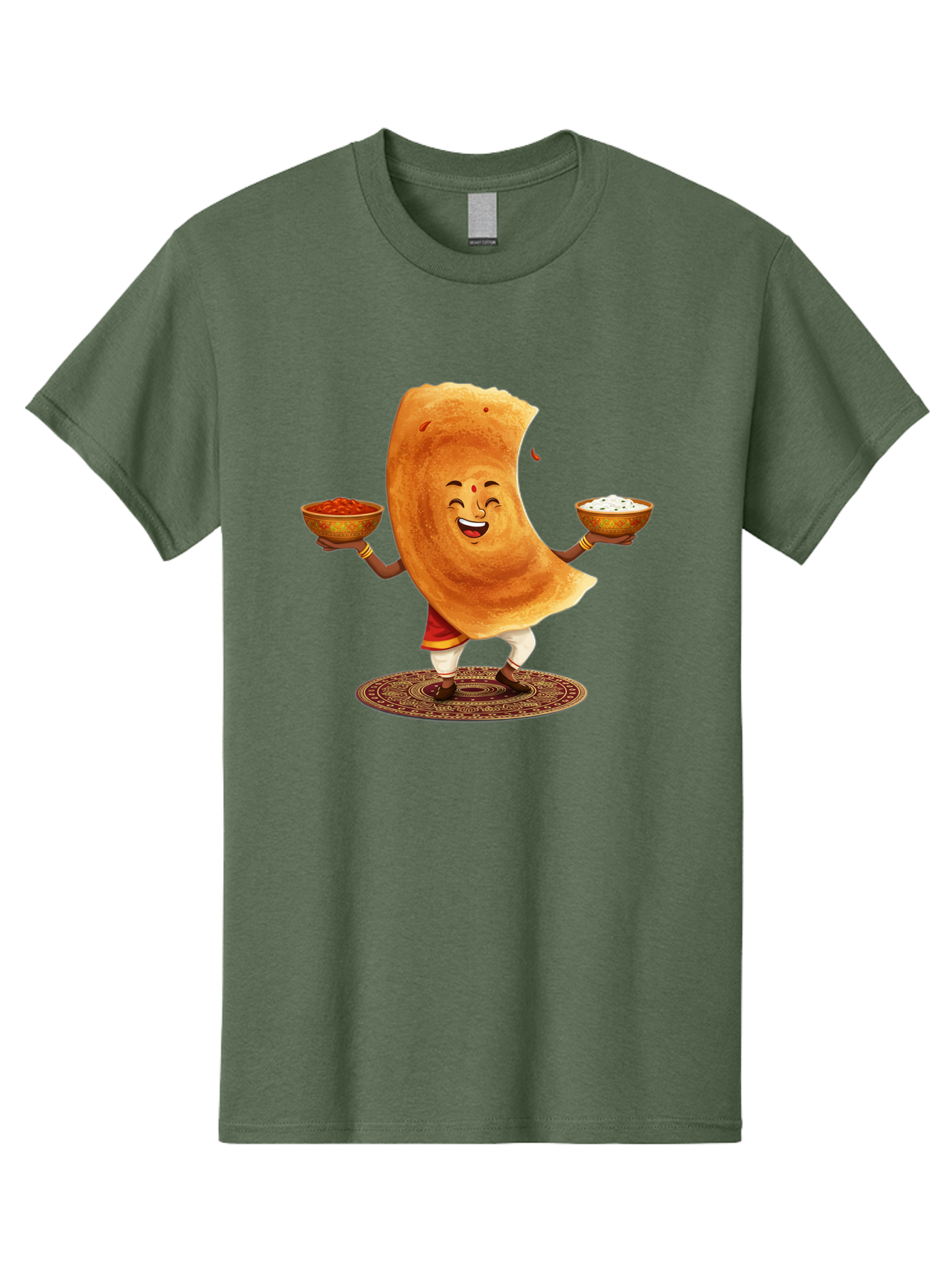Happy-Dosa-With-Chutney Men'S Graphic Tee, 100% Cotton, Comfortable Casual Summer Wear, Machine Washable, Cartoon Roti Character, Indian Flatbread, Traditional Attire, Curry, Rice Bowls, Happy Expression, Cultural Representation, Baa783