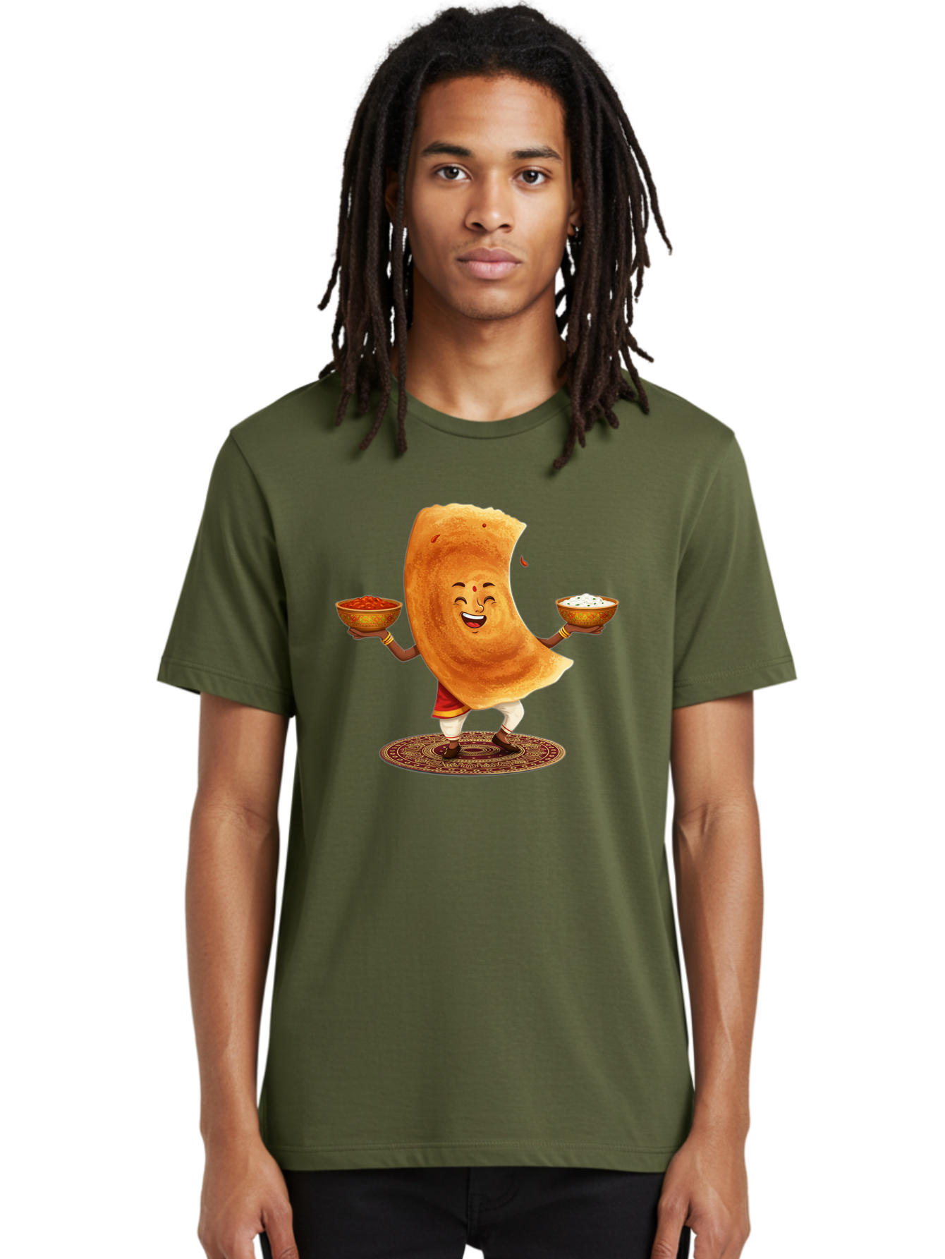 Happy-Dosa-With-Chutney Men'S Graphic Tee, 100% Cotton, Comfortable Casual Summer Wear, Machine Washable, Cartoon Roti Character, Indian Flatbread, Traditional Attire, Curry, Rice Bowls, Happy Expression, Cultural Representation, Baa783