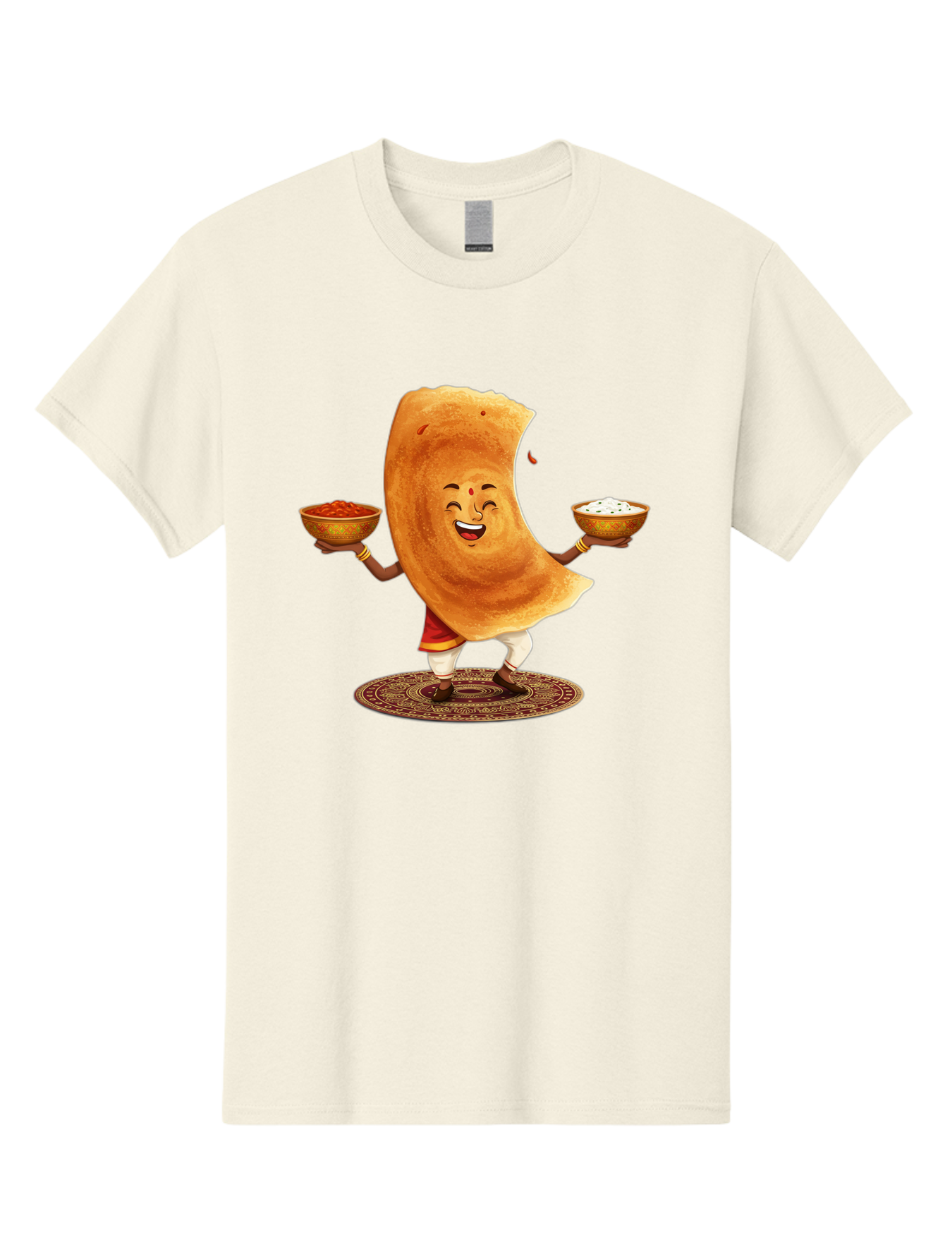 Happy-Dosa-With-Chutney Men'S Graphic Tee, 100% Cotton, Comfortable Casual Summer Wear, Machine Washable, Cartoon Roti Character, Indian Flatbread, Traditional Attire, Curry, Rice Bowls, Happy Expression, Cultural Representation, Baa783
