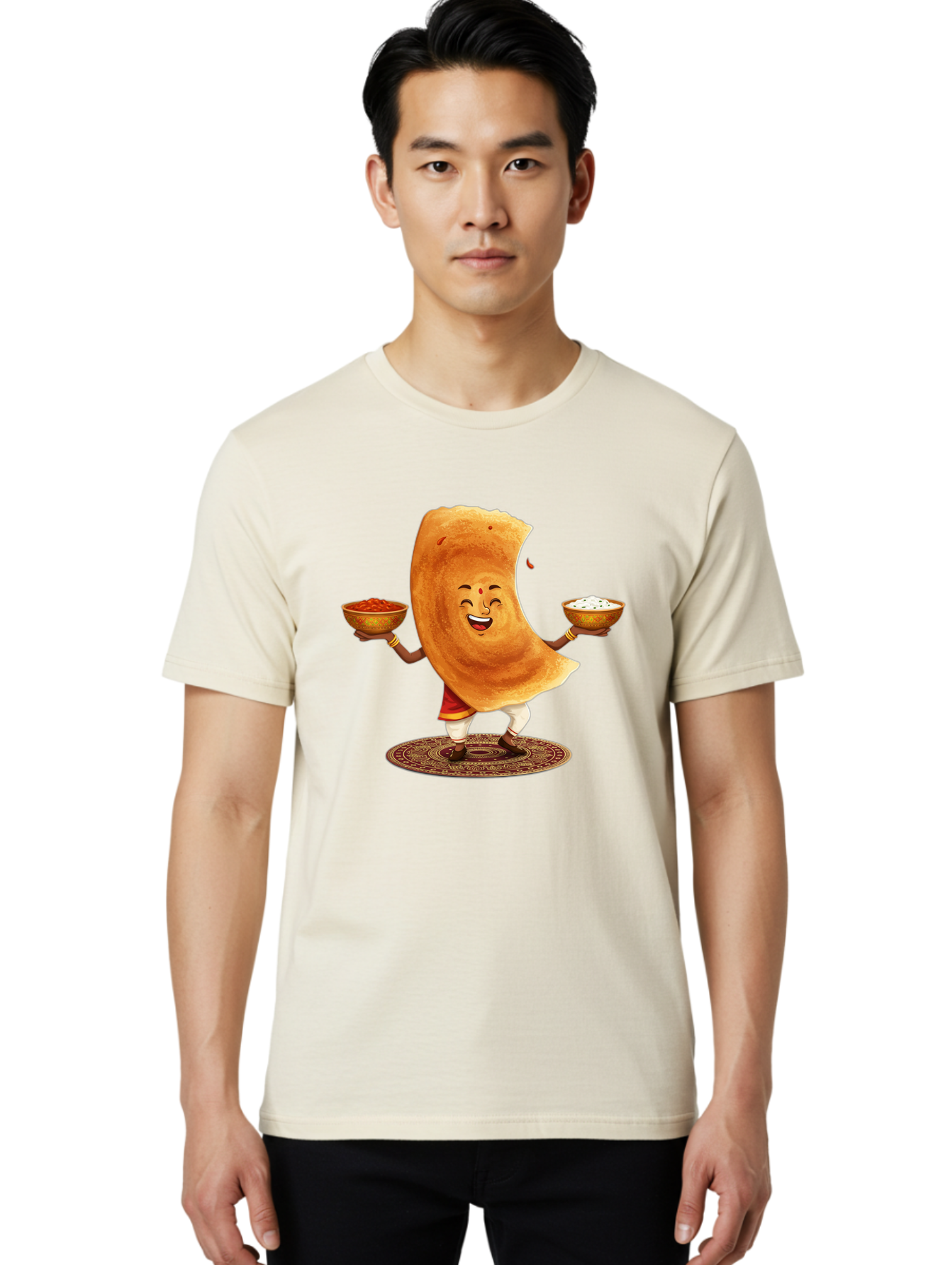 Happy-Dosa-With-Chutney Men'S Graphic Tee, 100% Cotton, Comfortable Casual Summer Wear, Machine Washable, Cartoon Roti Character, Indian Flatbread, Traditional Attire, Curry, Rice Bowls, Happy Expression, Cultural Representation, Baa783