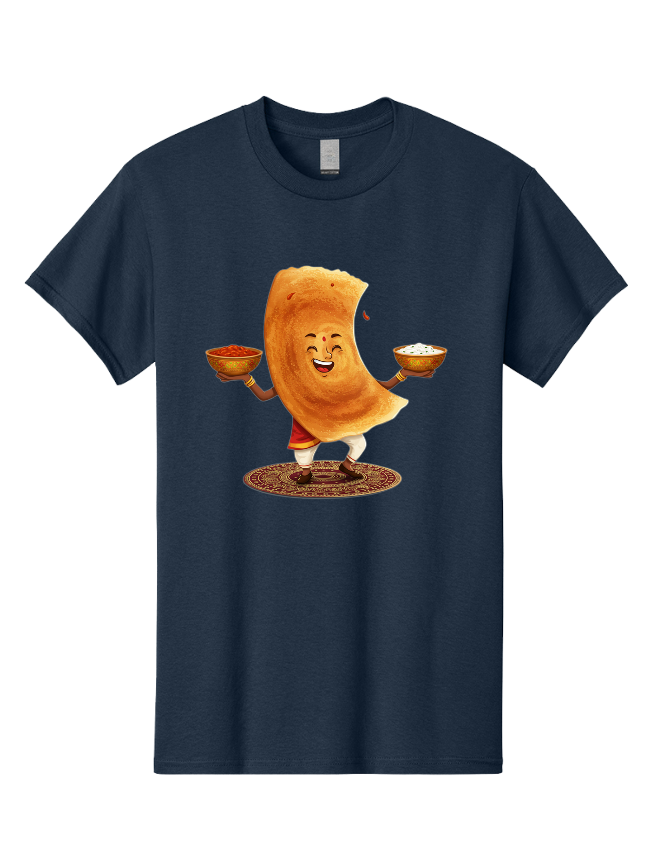 Happy-Dosa-With-Chutney Men'S Graphic Tee, 100% Cotton, Comfortable Casual Summer Wear, Machine Washable, Cartoon Roti Character, Indian Flatbread, Traditional Attire, Curry, Rice Bowls, Happy Expression, Cultural Representation, Baa783