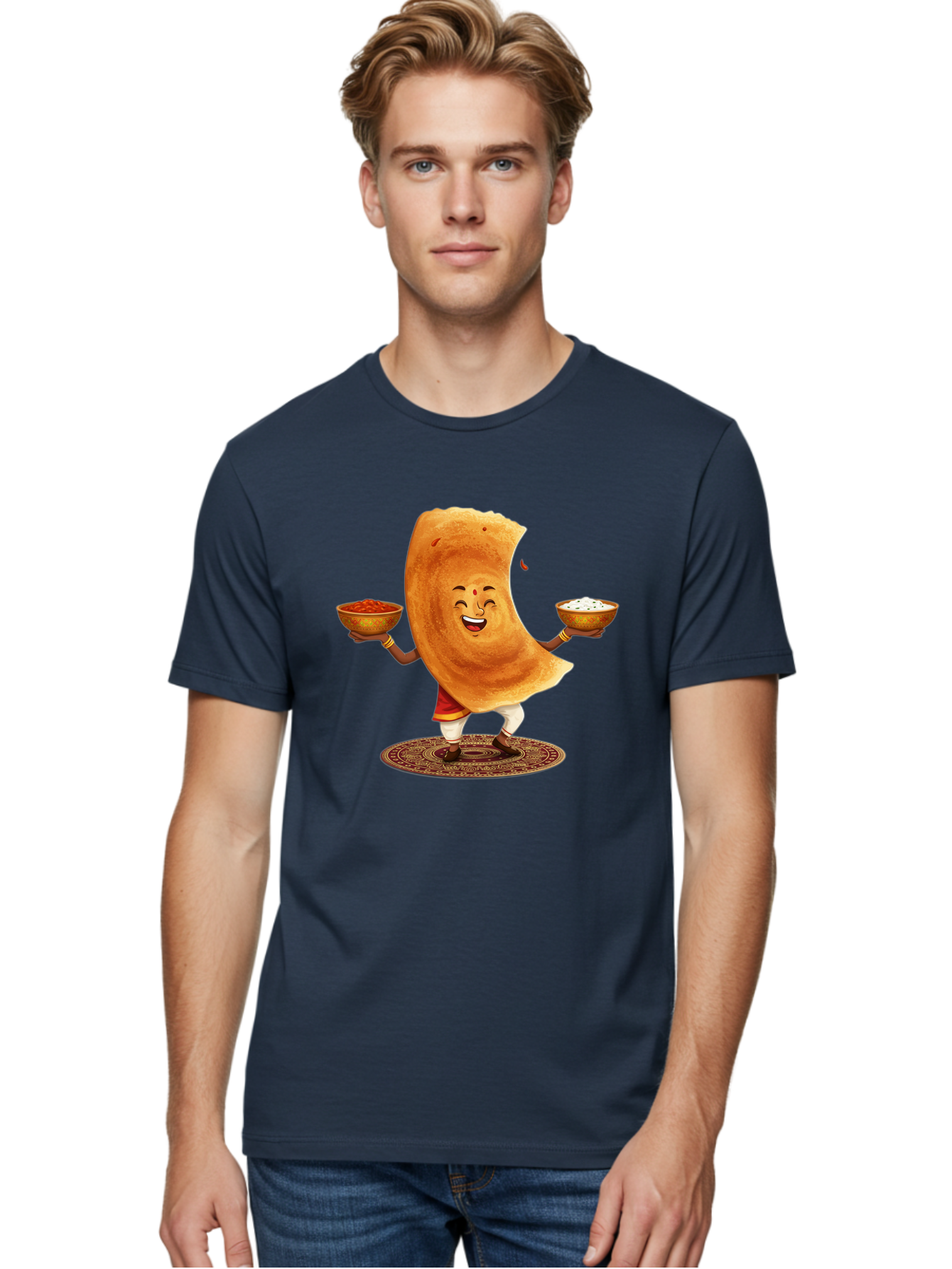Happy-Dosa-With-Chutney Men'S Graphic Tee, 100% Cotton, Comfortable Casual Summer Wear, Machine Washable, Cartoon Roti Character, Indian Flatbread, Traditional Attire, Curry, Rice Bowls, Happy Expression, Cultural Representation, Baa783