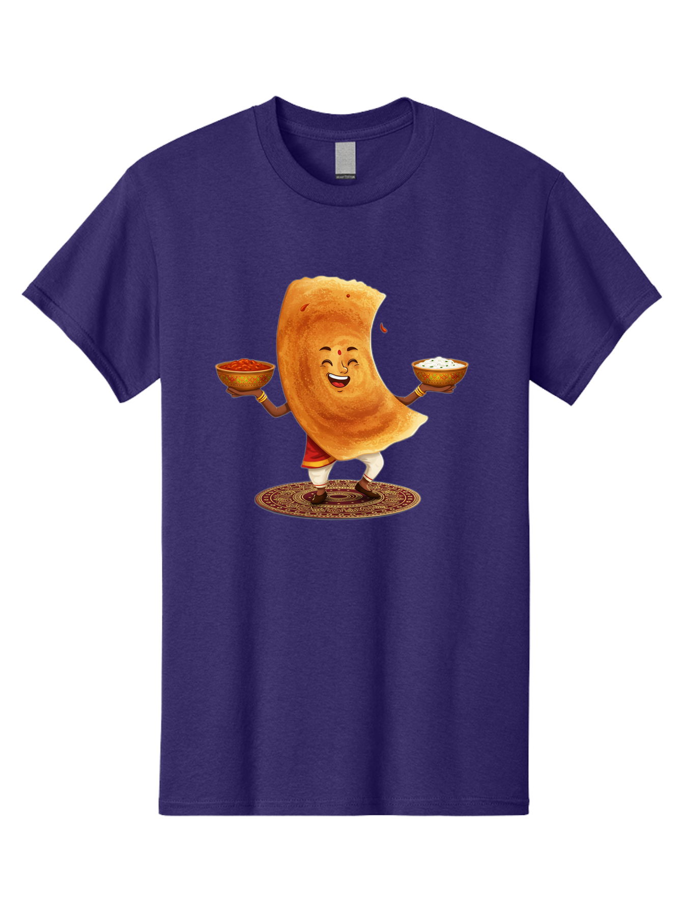 Happy-Dosa-With-Chutney Men'S Graphic Tee, 100% Cotton, Comfortable Casual Summer Wear, Machine Washable, Cartoon Roti Character, Indian Flatbread, Traditional Attire, Curry, Rice Bowls, Happy Expression, Cultural Representation, Baa783