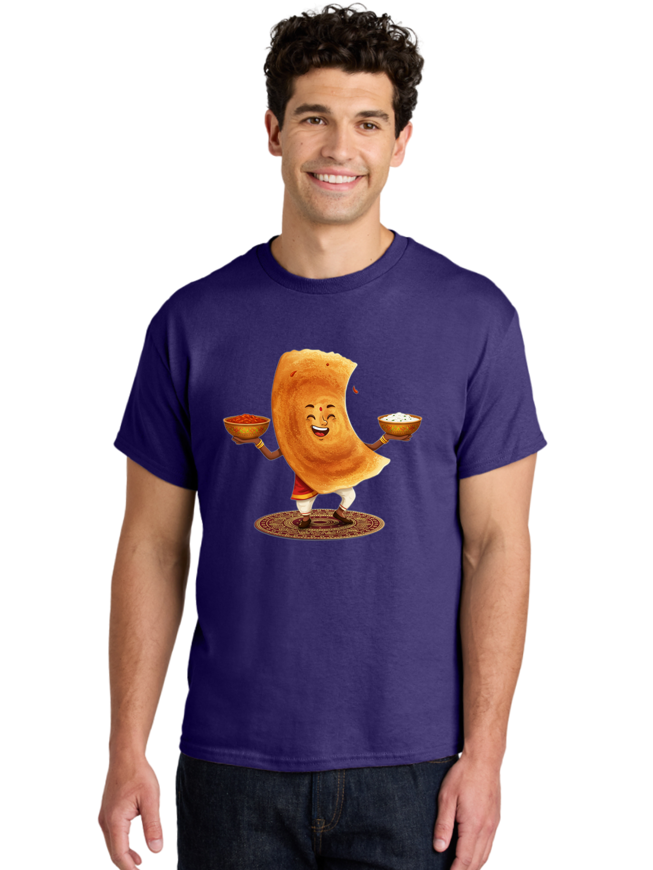 Happy-Dosa-With-Chutney Men'S Graphic Tee, 100% Cotton, Comfortable Casual Summer Wear, Machine Washable, Cartoon Roti Character, Indian Flatbread, Traditional Attire, Curry, Rice Bowls, Happy Expression, Cultural Representation, Baa783
