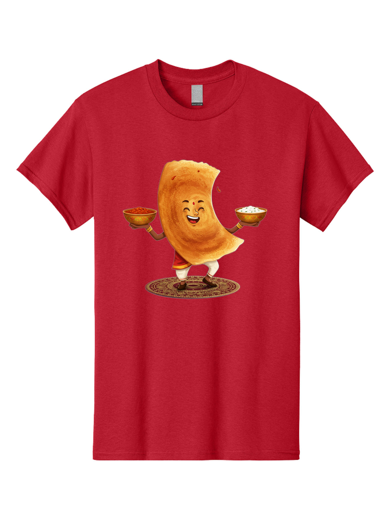 Happy-Dosa-With-Chutney Men'S Graphic Tee, 100% Cotton, Comfortable Casual Summer Wear, Machine Washable, Cartoon Roti Character, Indian Flatbread, Traditional Attire, Curry, Rice Bowls, Happy Expression, Cultural Representation, Baa783
