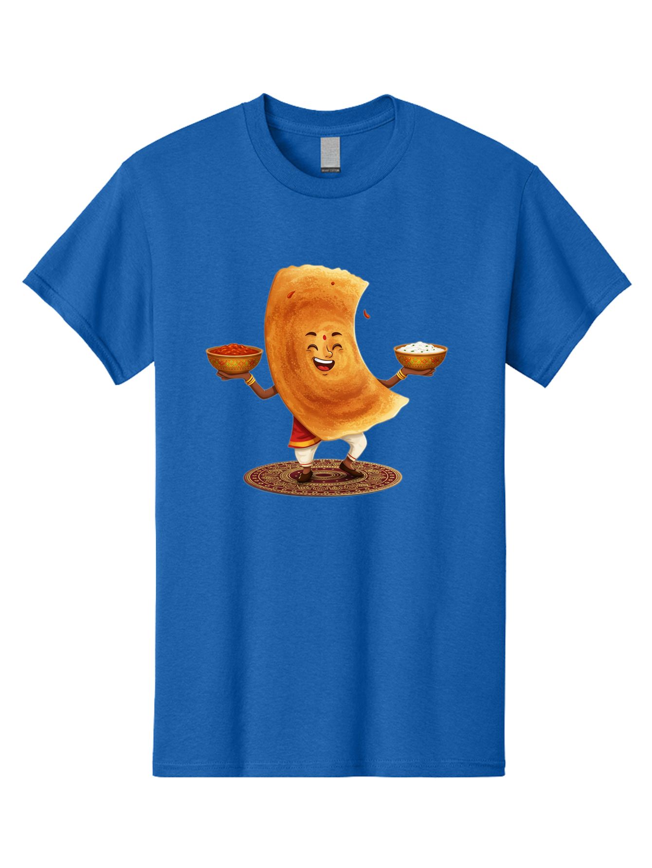 Happy-Dosa-With-Chutney Men'S Graphic Tee, 100% Cotton, Comfortable Casual Summer Wear, Machine Washable, Cartoon Roti Character, Indian Flatbread, Traditional Attire, Curry, Rice Bowls, Happy Expression, Cultural Representation, Baa783