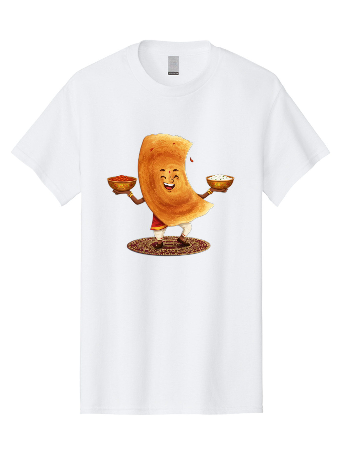 Happy-Dosa-With-Chutney Men'S Graphic Tee, 100% Cotton, Comfortable Casual Summer Wear, Machine Washable, Cartoon Roti Character, Indian Flatbread, Traditional Attire, Curry, Rice Bowls, Happy Expression, Cultural Representation, Baa783
