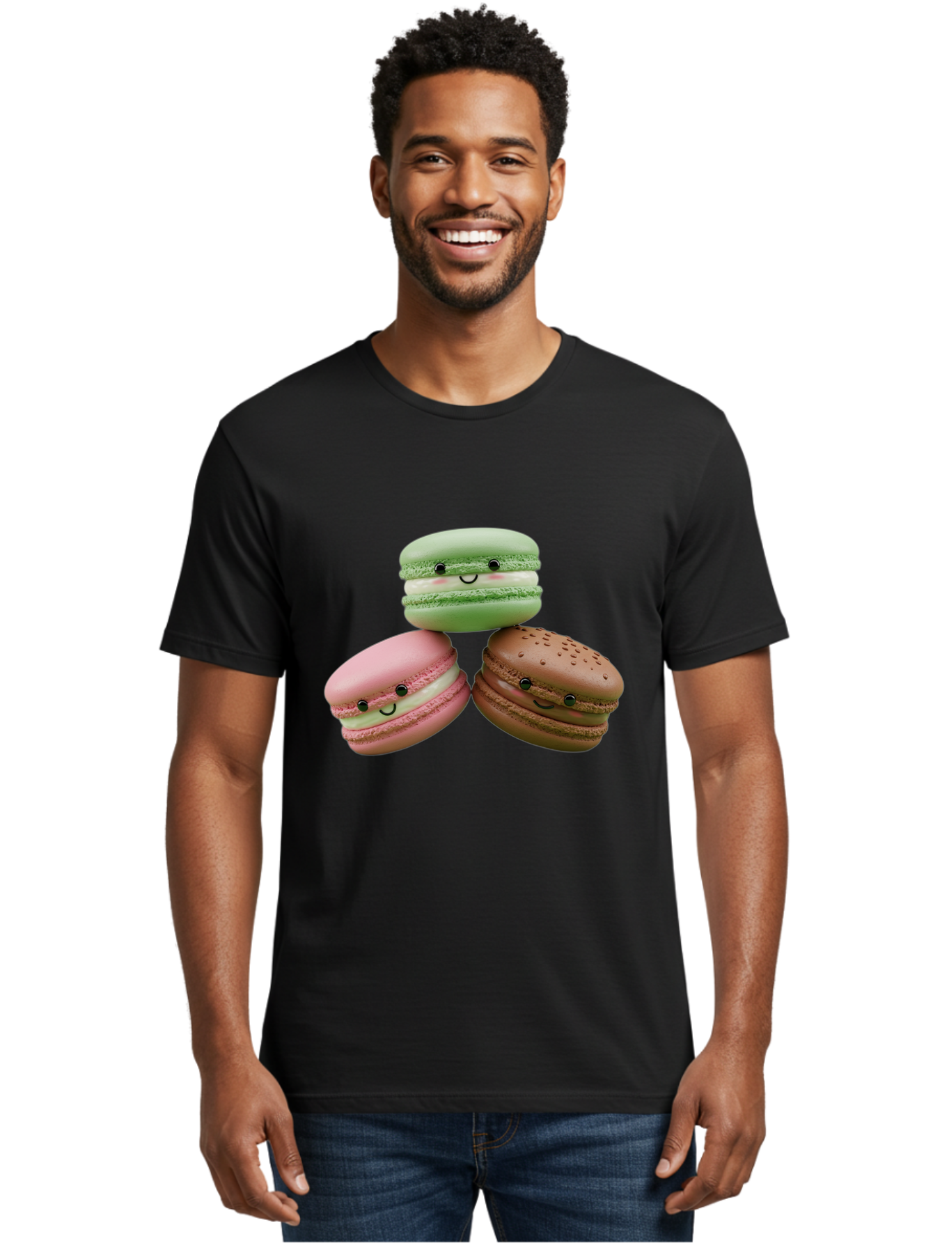 Happy-Macarons Men'S Graphic Tee, 100% Cotton, Comfortable Casual Summer Wear, Machine Washable, Cartoon Macarons, Smiling Faces, Pastel Colors, Cute Desserts, Sweet Treats, Dessert Art, French Macarons, Chocolate Macaron, Pink Macaron, Baa784