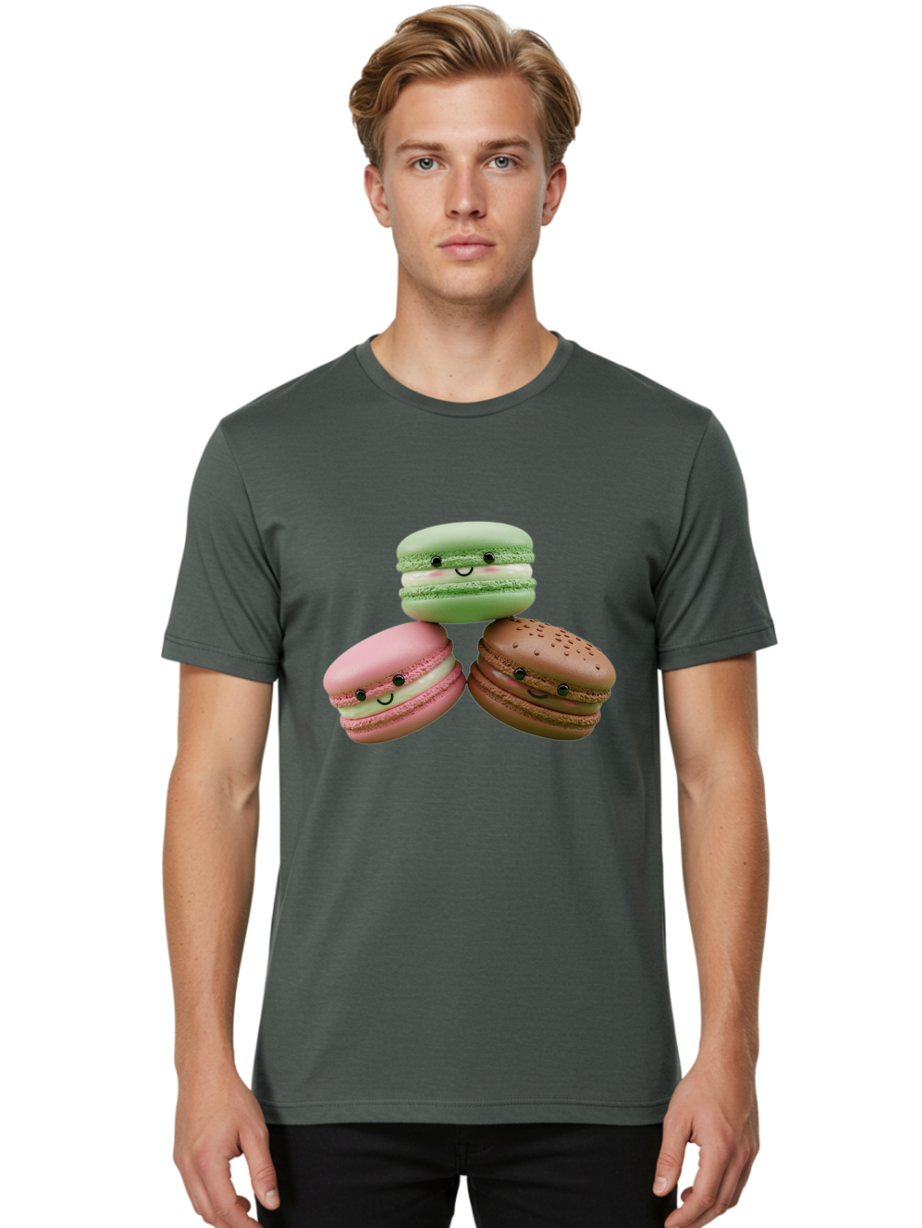 Happy-Macarons Men'S Graphic Tee, 100% Cotton, Comfortable Casual Summer Wear, Machine Washable, Cartoon Macarons, Smiling Faces, Pastel Colors, Cute Desserts, Sweet Treats, Dessert Art, French Macarons, Chocolate Macaron, Pink Macaron, Baa784