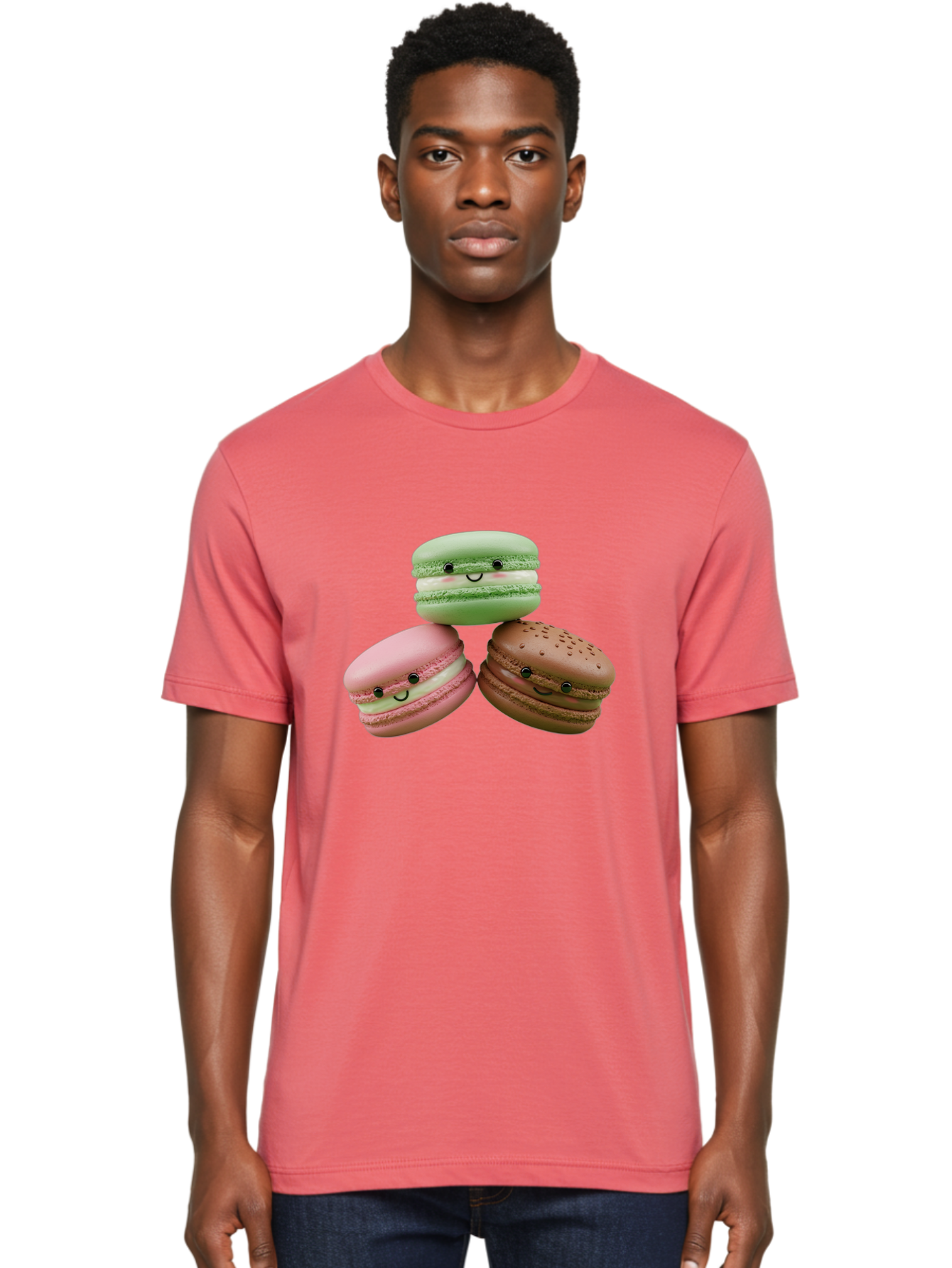 Happy-Macarons Men'S Graphic Tee, 100% Cotton, Comfortable Casual Summer Wear, Machine Washable, Cartoon Macarons, Smiling Faces, Pastel Colors, Cute Desserts, Sweet Treats, Dessert Art, French Macarons, Chocolate Macaron, Pink Macaron, Baa784