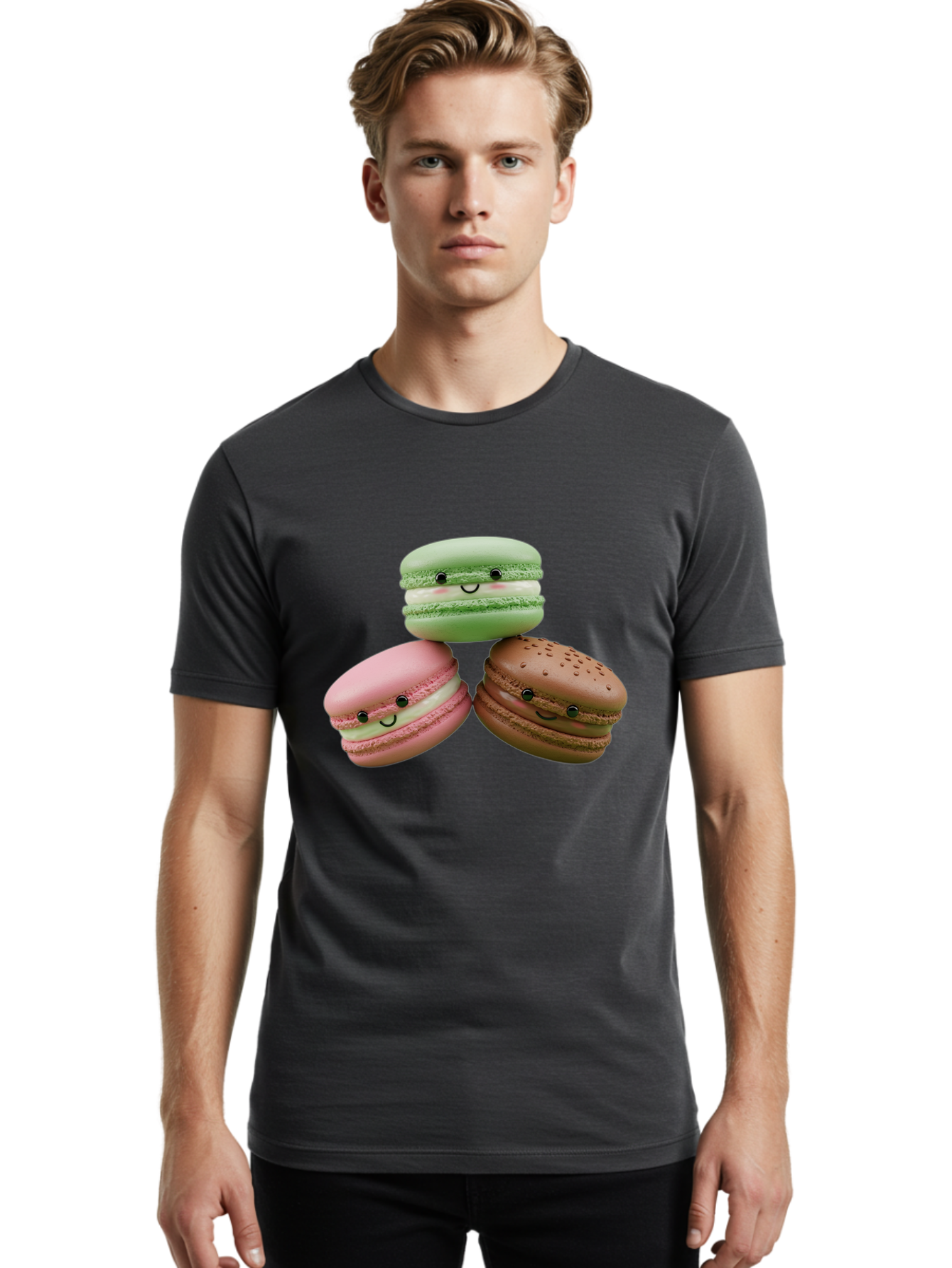 Happy-Macarons Men'S Graphic Tee, 100% Cotton, Comfortable Casual Summer Wear, Machine Washable, Cartoon Macarons, Smiling Faces, Pastel Colors, Cute Desserts, Sweet Treats, Dessert Art, French Macarons, Chocolate Macaron, Pink Macaron, Baa784