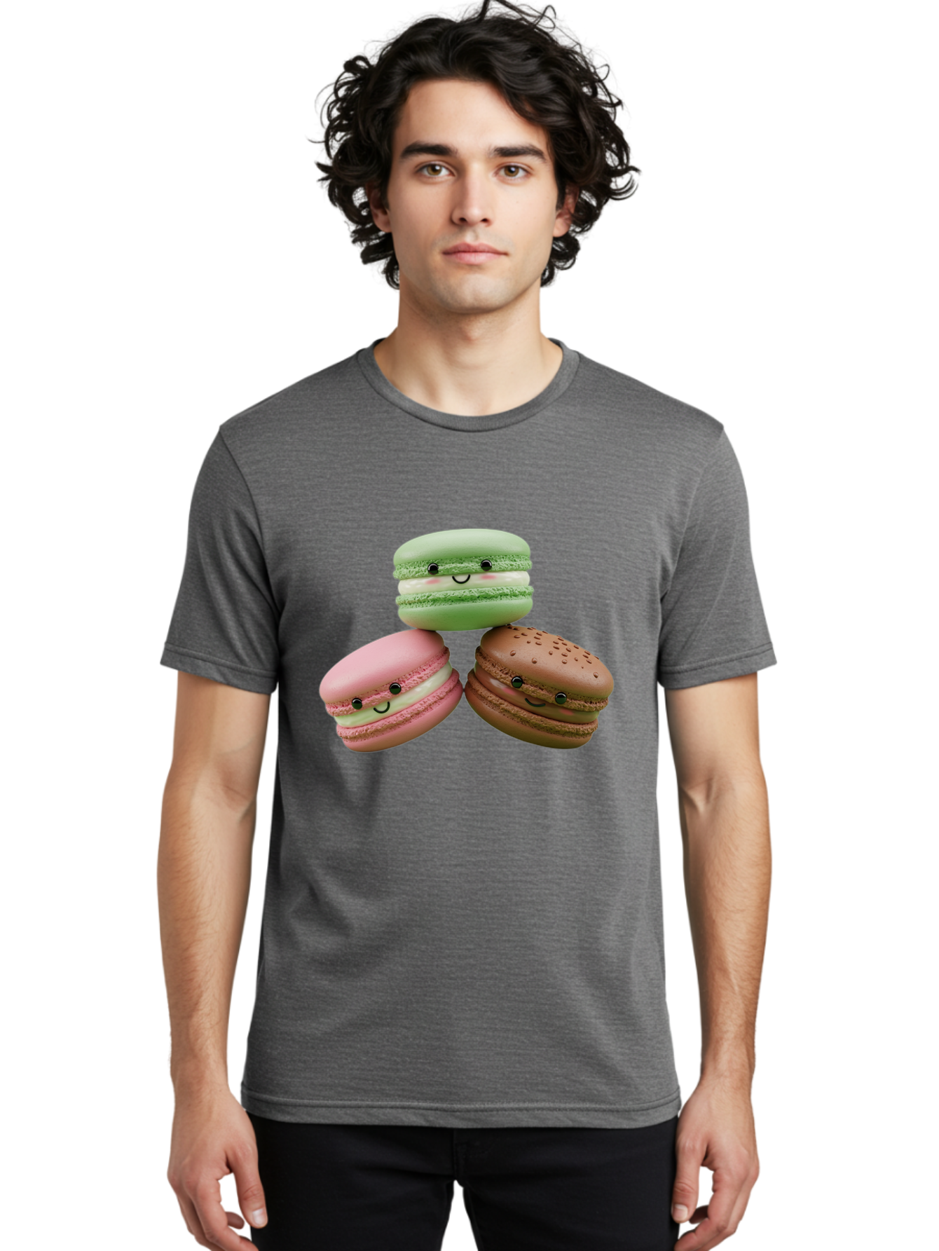 Happy-Macarons Men'S Graphic Tee, 100% Cotton, Comfortable Casual Summer Wear, Machine Washable, Cartoon Macarons, Smiling Faces, Pastel Colors, Cute Desserts, Sweet Treats, Dessert Art, French Macarons, Chocolate Macaron, Pink Macaron, Baa784