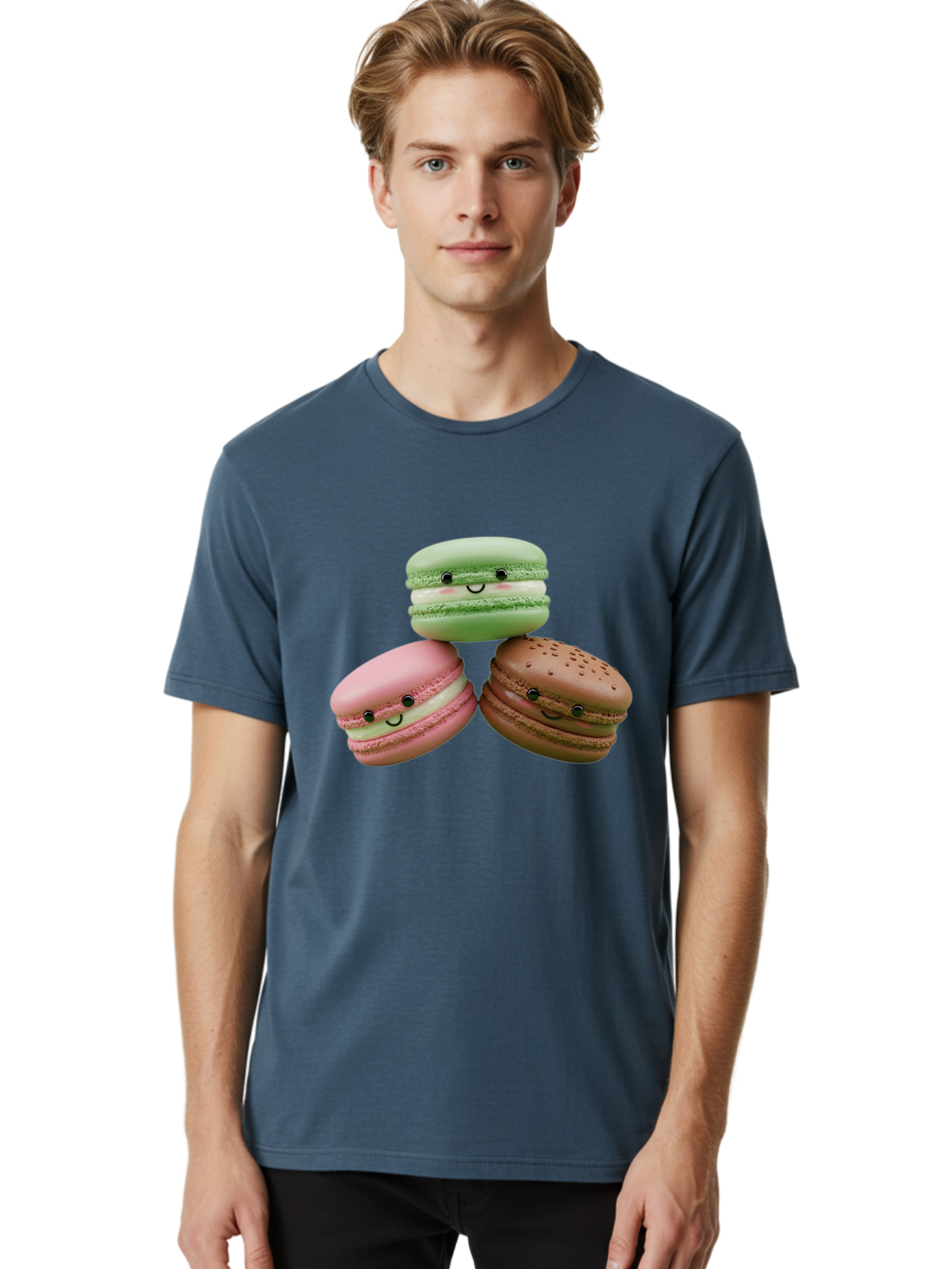 Happy-Macarons Men'S Graphic Tee, 100% Cotton, Comfortable Casual Summer Wear, Machine Washable, Cartoon Macarons, Smiling Faces, Pastel Colors, Cute Desserts, Sweet Treats, Dessert Art, French Macarons, Chocolate Macaron, Pink Macaron, Baa784
